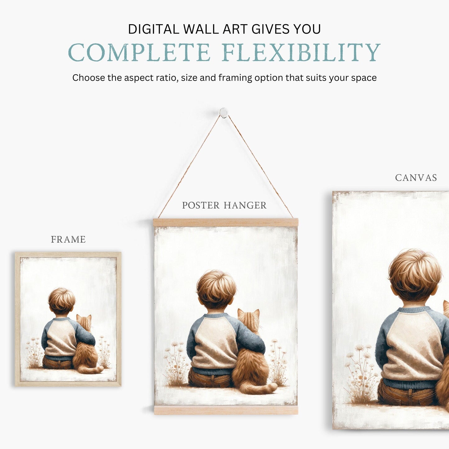 Boy & Cat Painting, Cat Nursery Print, Boy's Room Wall Decor - WildfieldPrints