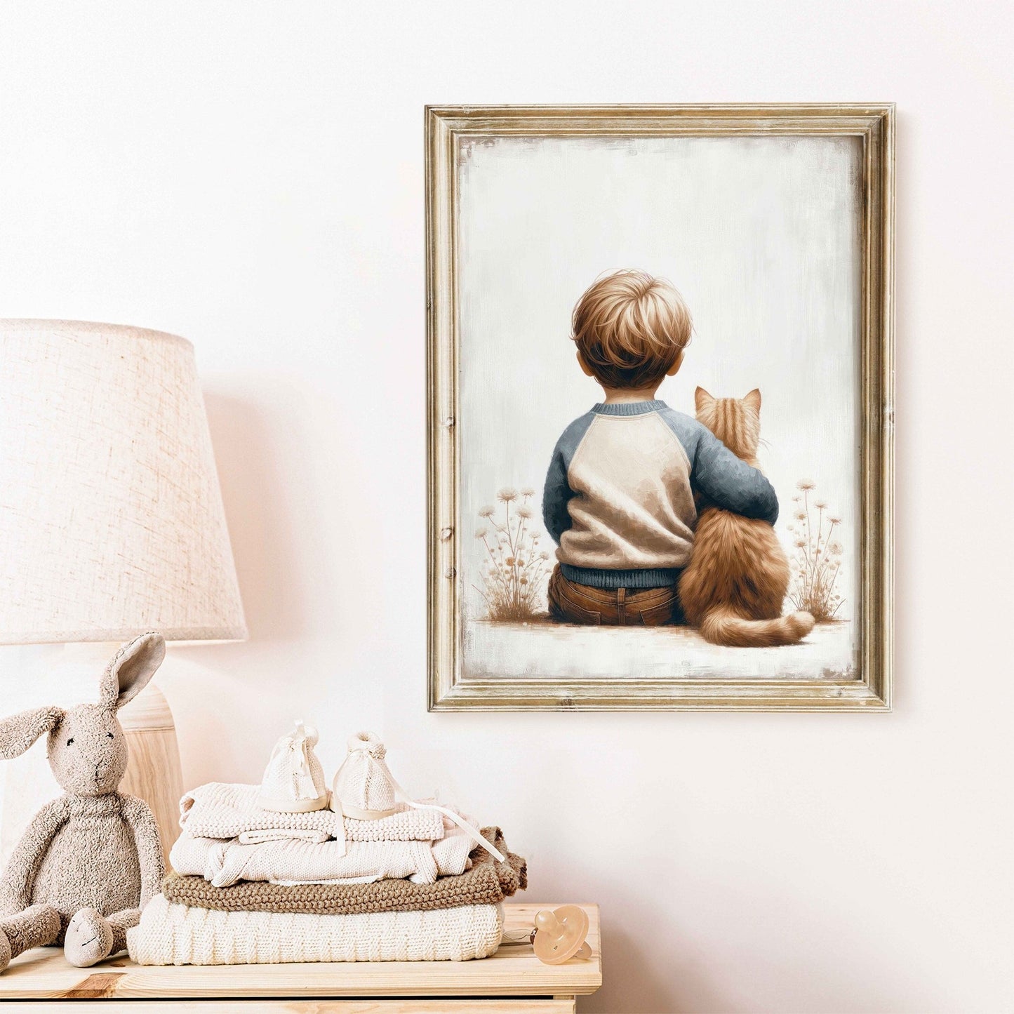 Boy & Cat Painting, Cat Nursery Print, Boy's Room Wall Decor - WildfieldPrints