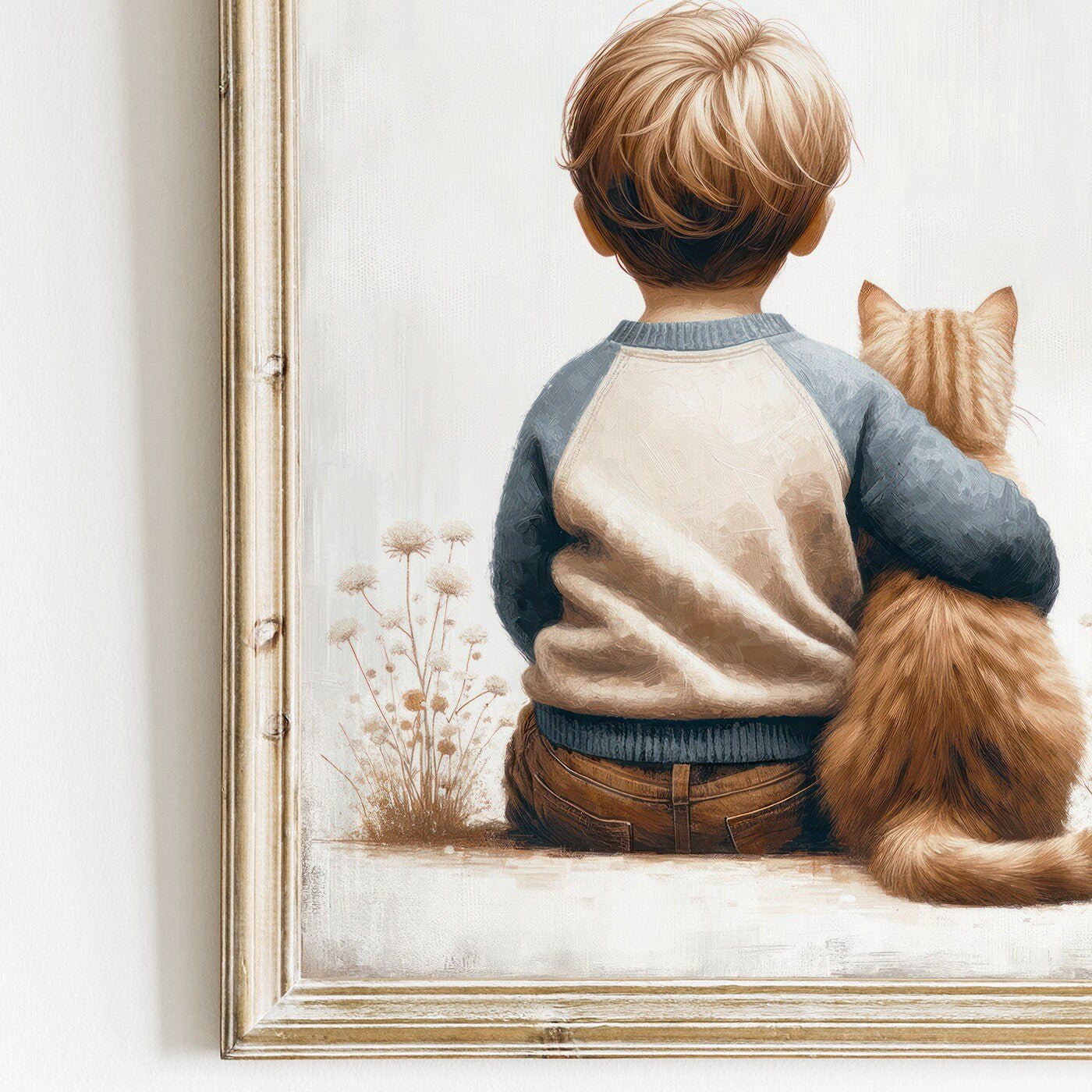 Boy & Cat Painting, Cat Nursery Print, Boy's Room Wall Decor - WildfieldPrints