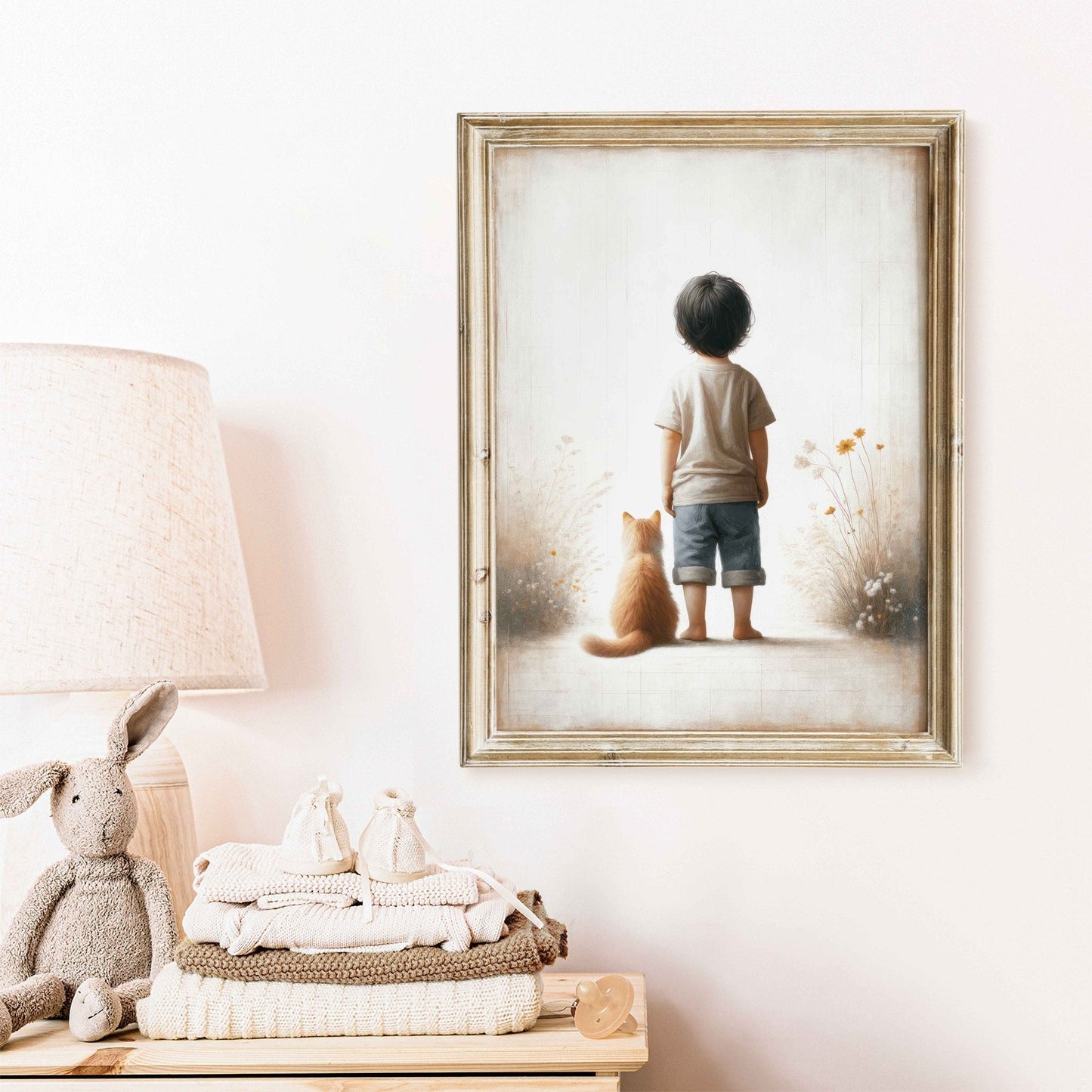 Boy & Cat Print, Cat Nursery Decor, Whimsical Wall Art - WildfieldPrints