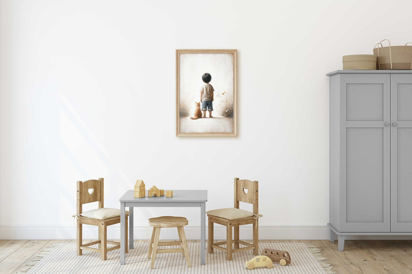 Boy & Cat Print, Cat Nursery Decor, Whimsical Wall Art - WildfieldPrints