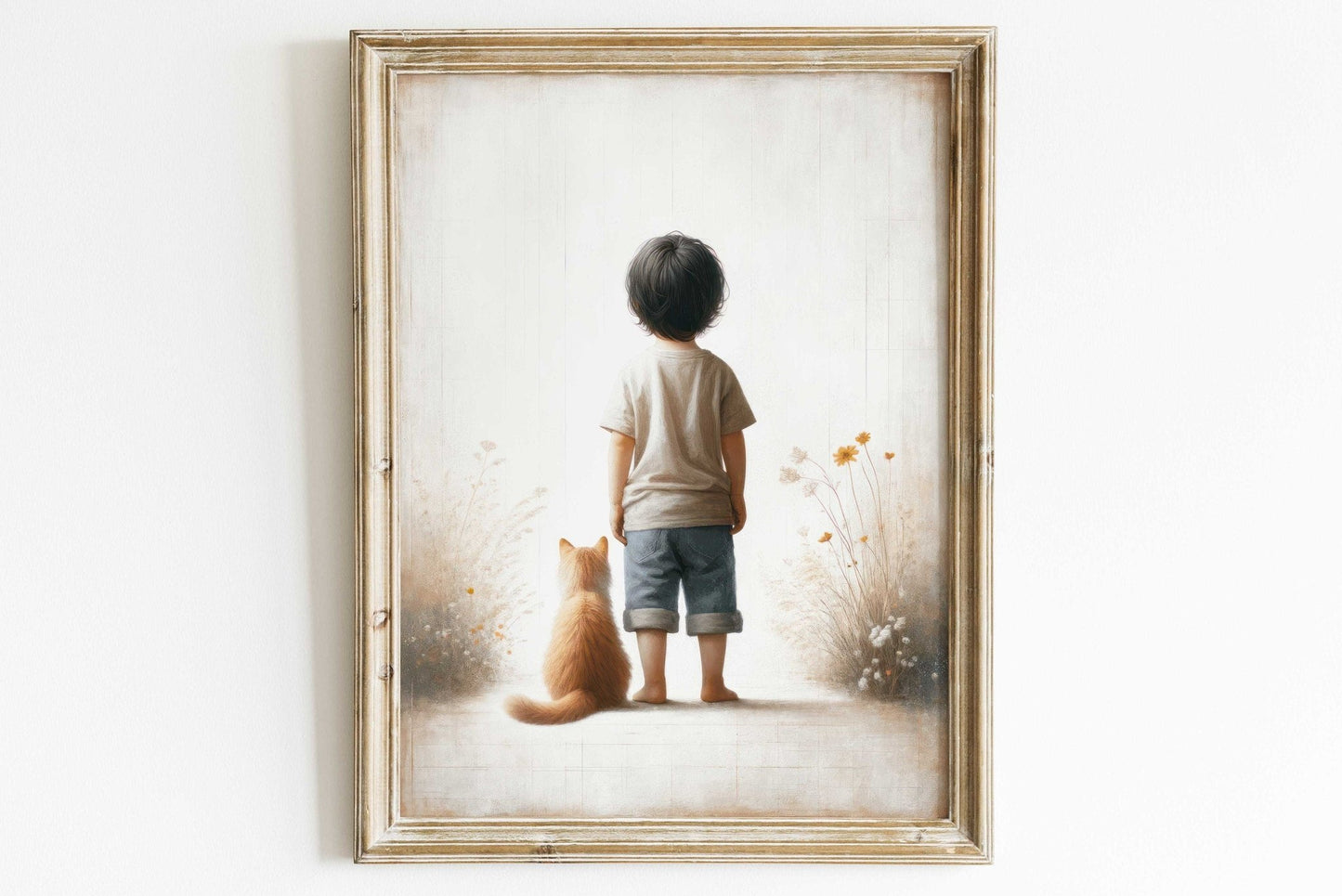 Boy & Cat Print, Cat Nursery Decor, Whimsical Wall Art - WildfieldPrints
