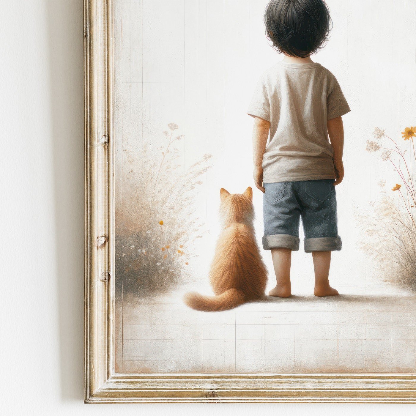 Boy & Cat Print, Cat Nursery Decor, Whimsical Wall Art - WildfieldPrints