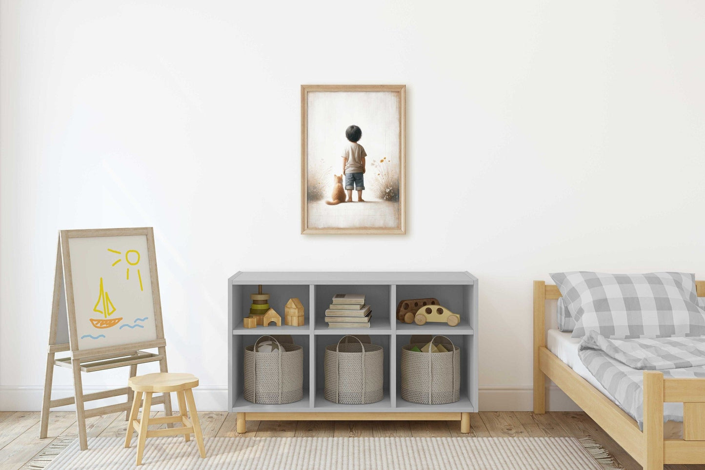 Boy & Cat Print, Cat Nursery Decor, Whimsical Wall Art - WildfieldPrints