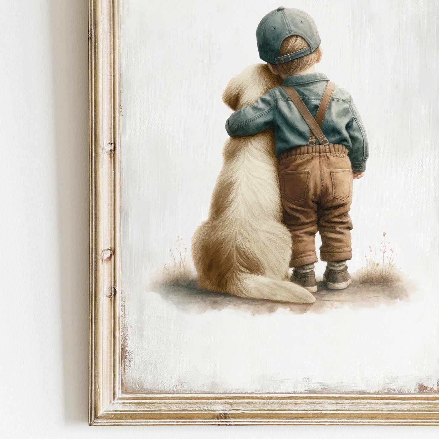 Boy & Golden Retriever Embrace Art, Vintage Nursery Wall Decor, Customizable Pet Poster - WildfieldPrints