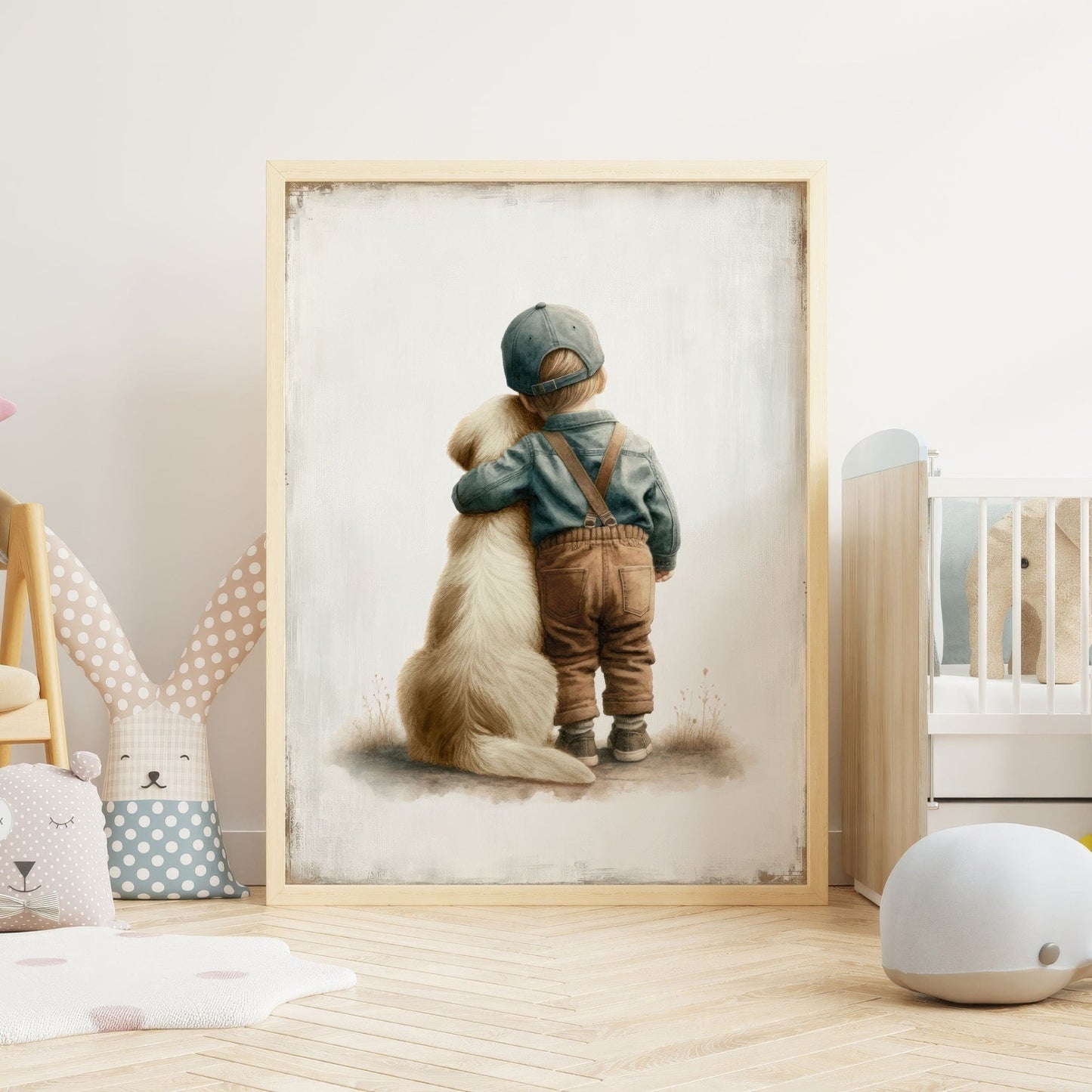 Boy & Golden Retriever Embrace Art, Vintage Nursery Wall Decor, Customizable Pet Poster - WildfieldPrints