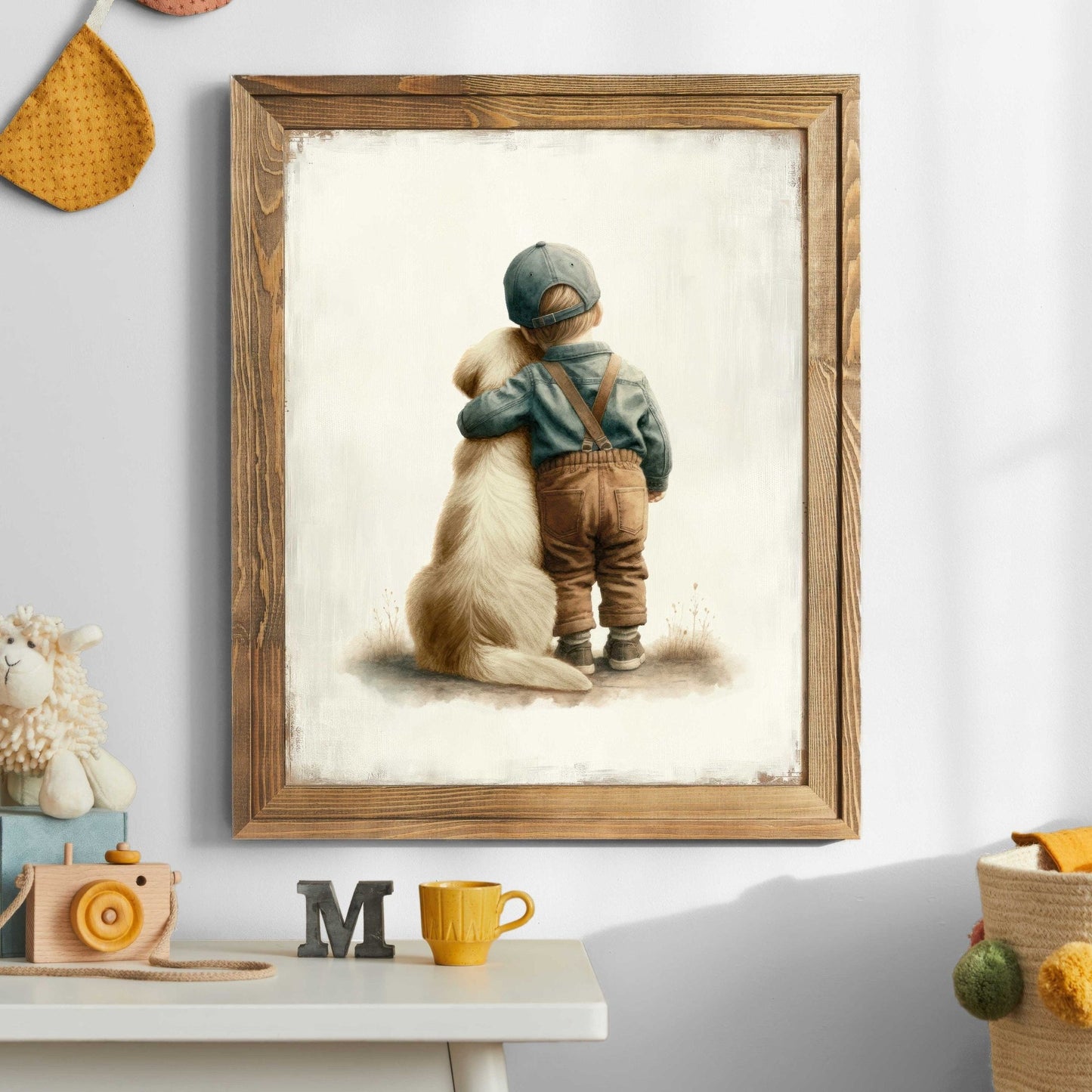 Boy & Golden Retriever Embrace Art, Vintage Nursery Wall Decor, Customizable Pet Poster - WildfieldPrints