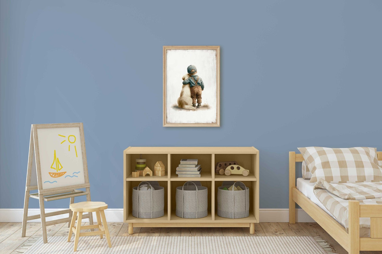 Boy & Golden Retriever Embrace Art, Vintage Nursery Wall Decor, Customizable Pet Poster - WildfieldPrints