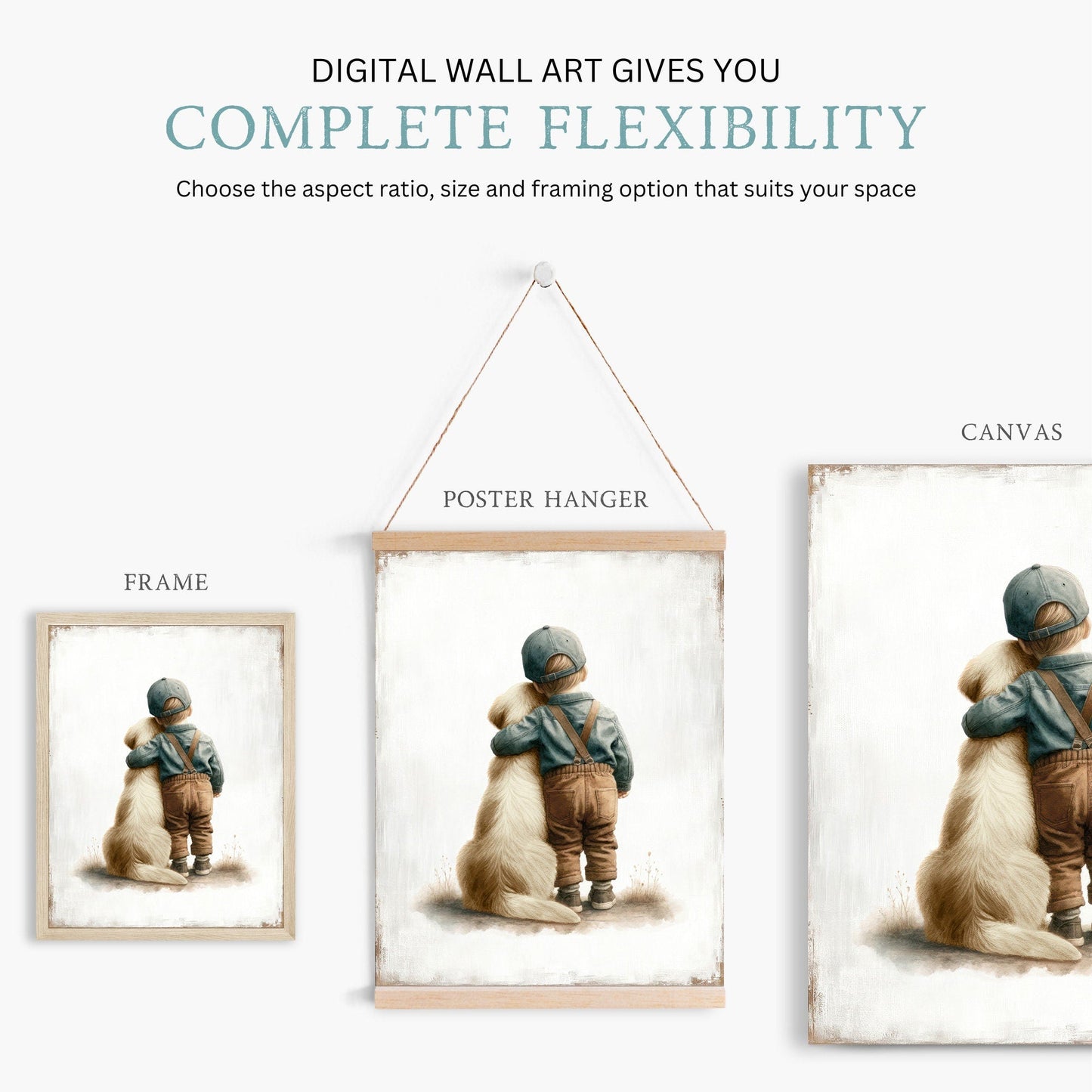 Boy & Golden Retriever Embrace Art, Vintage Nursery Wall Decor, Customizable Pet Poster - WildfieldPrints