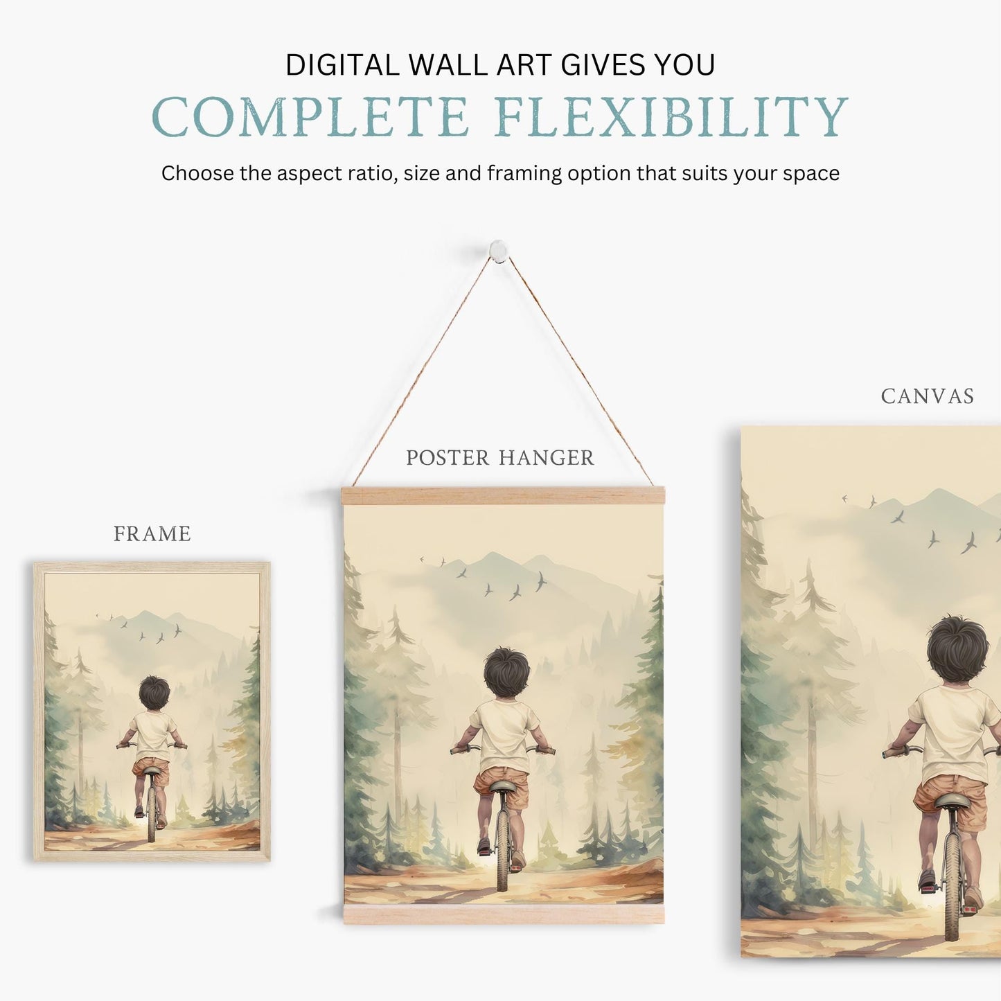 Boy on a Bicycle Print, Adventure Nursery Decor, MTB Wall Art - WildfieldPrints