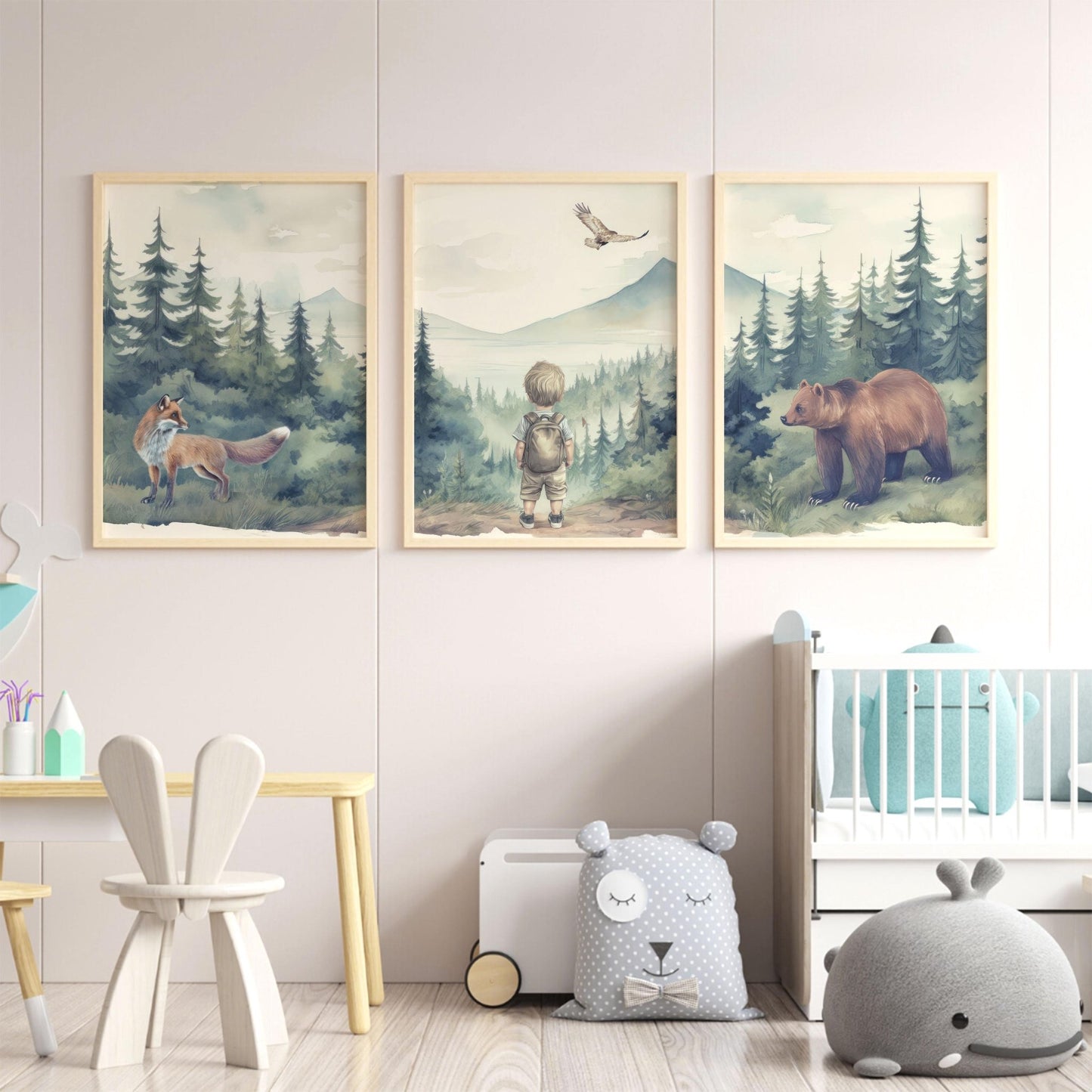 Boy Woodland Wall Decor, Woodland Animal Print, Bear & Fox, Forest Nursery Art Set of 3, Forest Animal, Printable Mountain Boy Room Decor - My Store