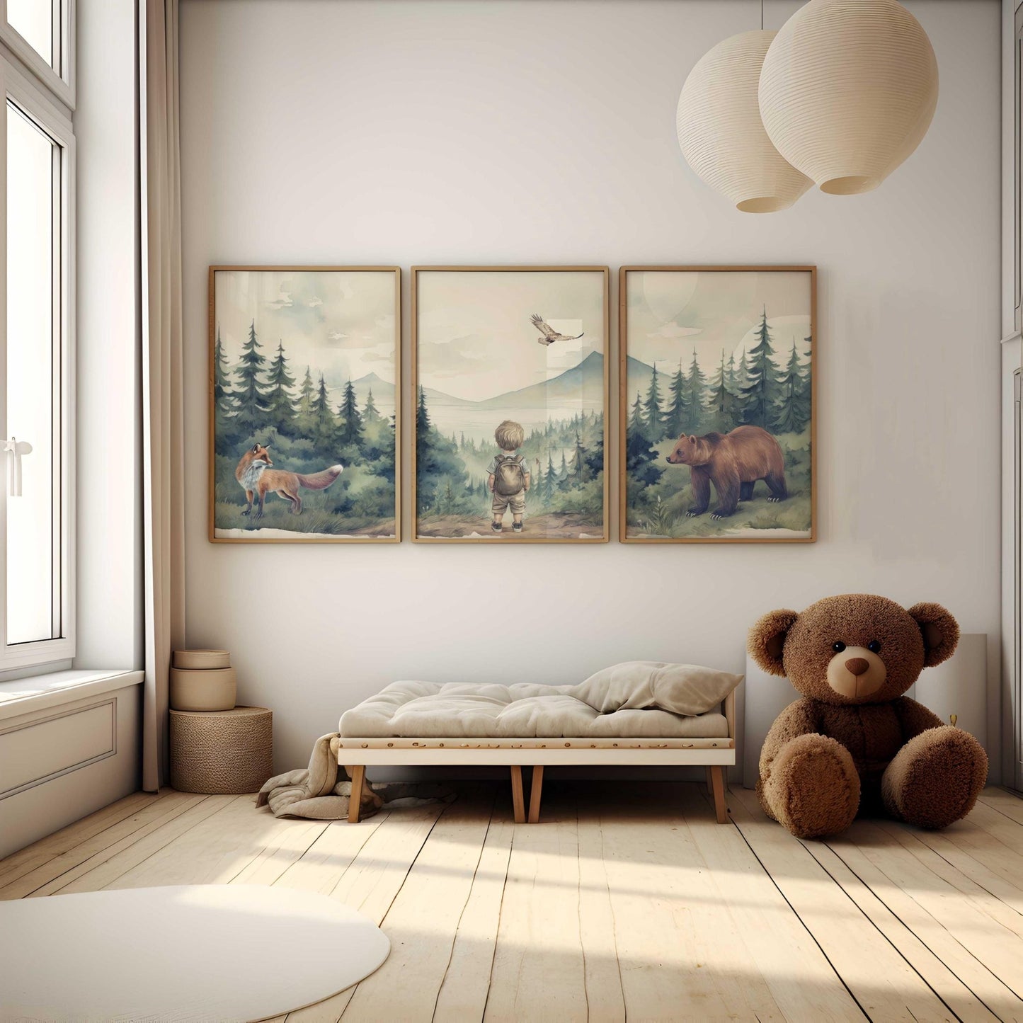 Boy Woodland Wall Decor, Woodland Animal Print, Bear & Fox, Forest Nursery Art Set of 3, Forest Animal, Printable Mountain Boy Room Decor - My Store