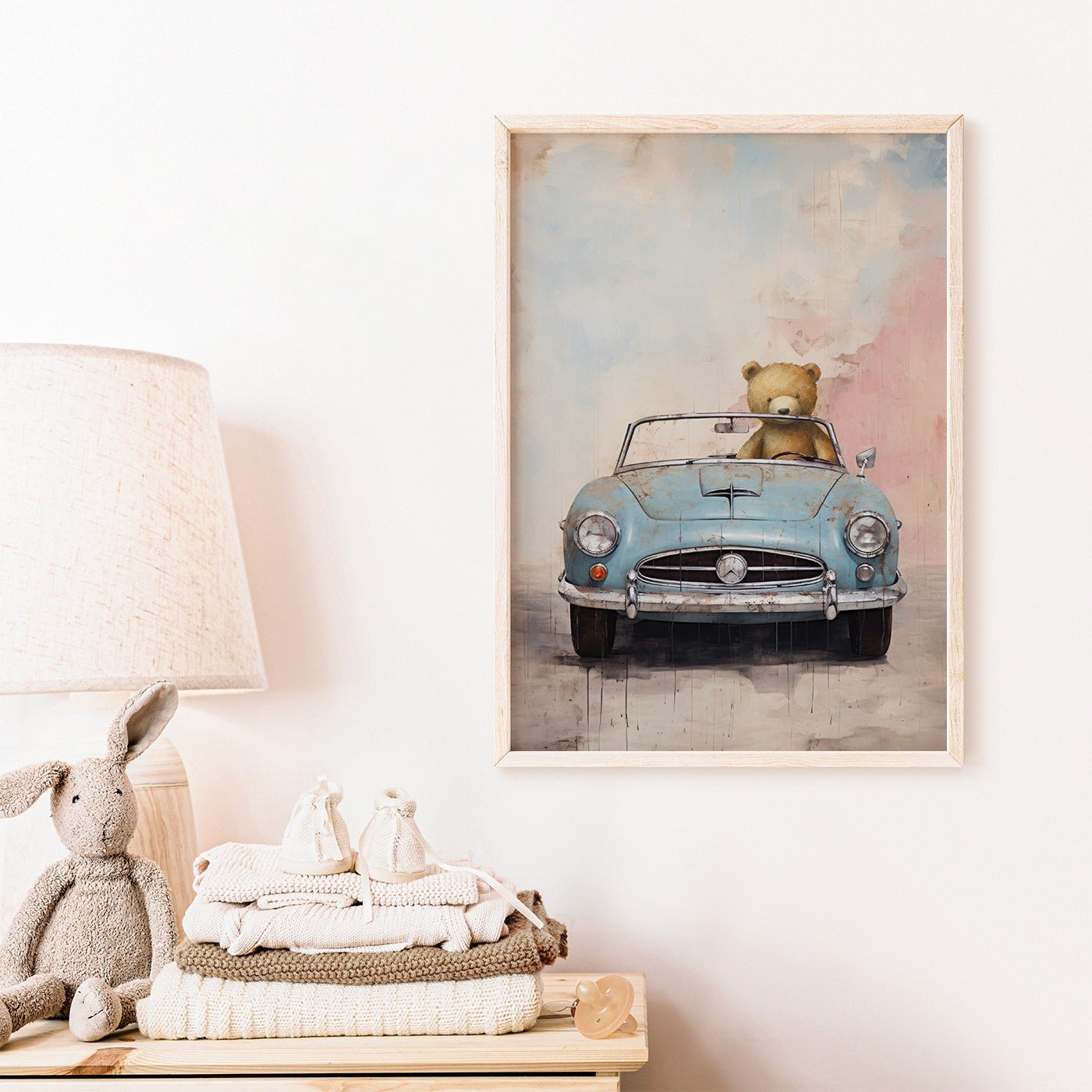 Boys Car Decor, Vintage Nursery Wall Art for Boys, Bear Driving Car - WildfieldPrints