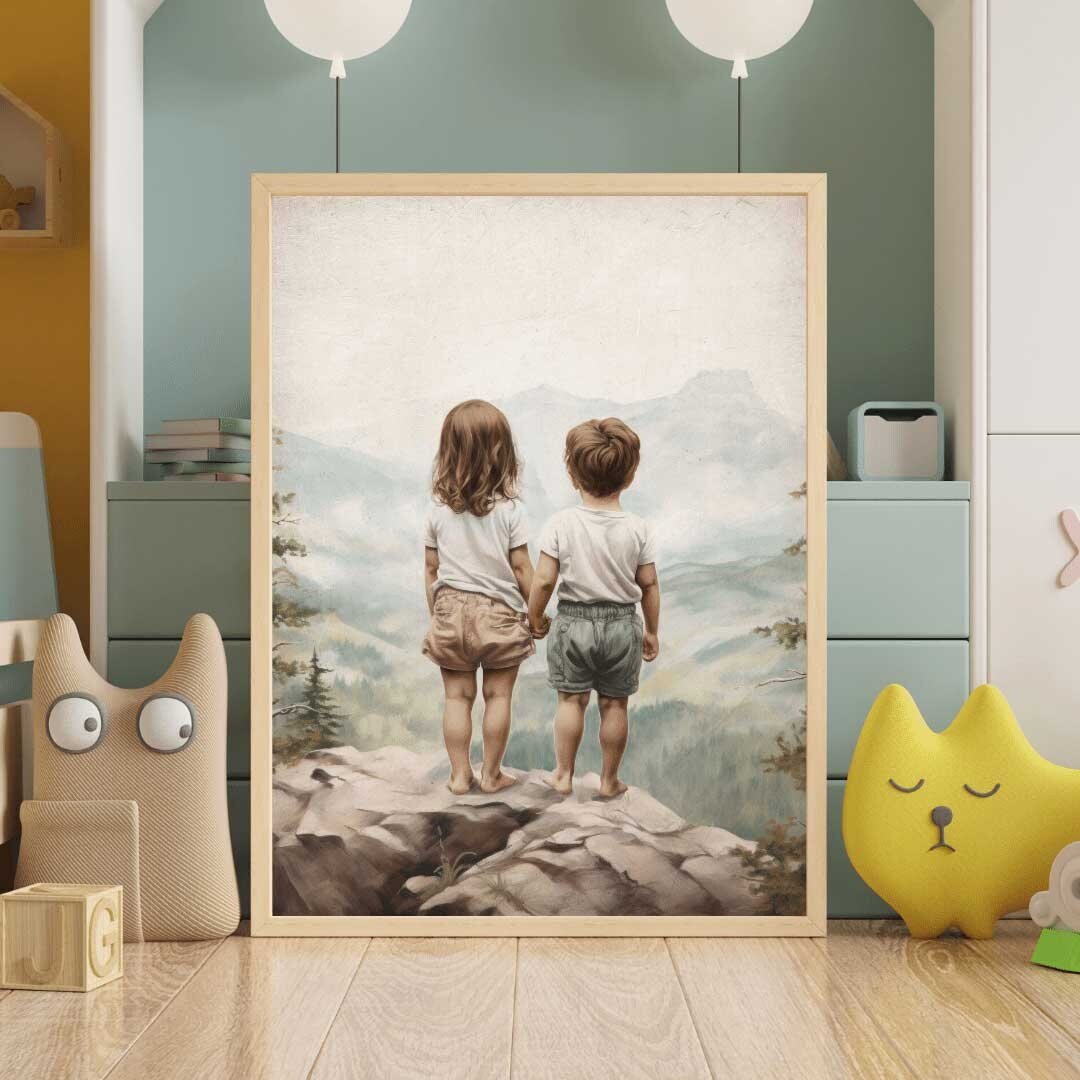 Brother and Sister Wall Art, Nature Nursery Decor, Siblings Portrait - WildfieldPrints