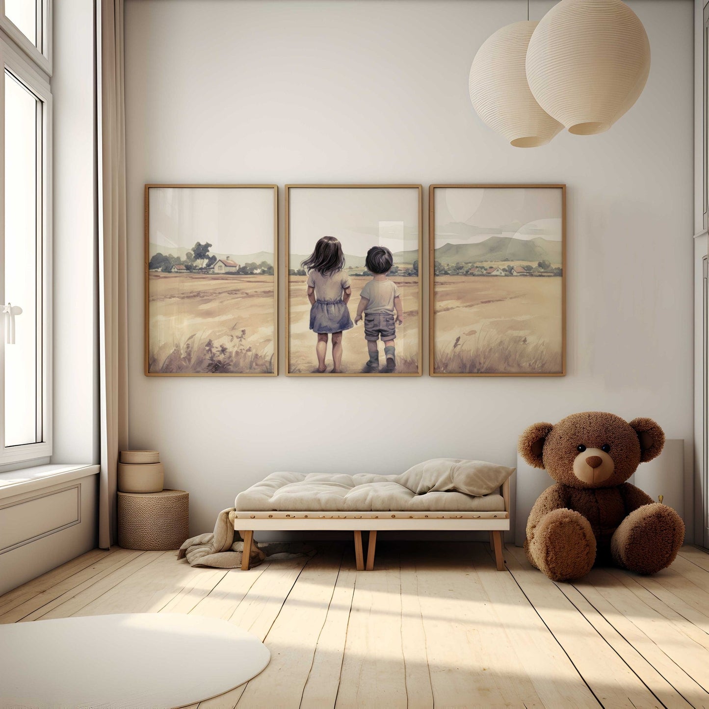 Brother & Sister Wall Art, Farmhouse Nursery Decor, Sibling Portrait - WildfieldPrints