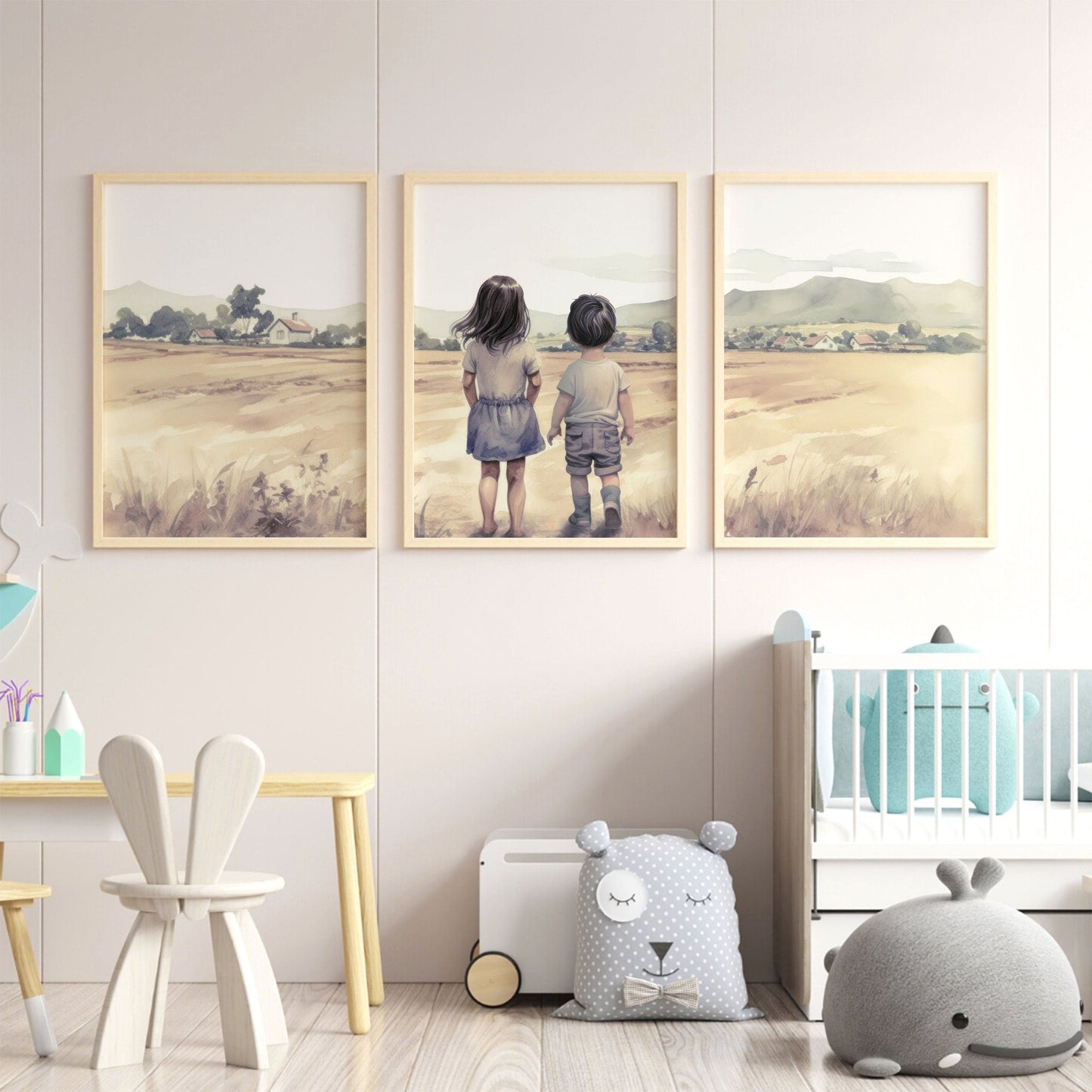 Brother & Sister Wall Art, Farmhouse Nursery Decor, Sibling Portrait - WildfieldPrints