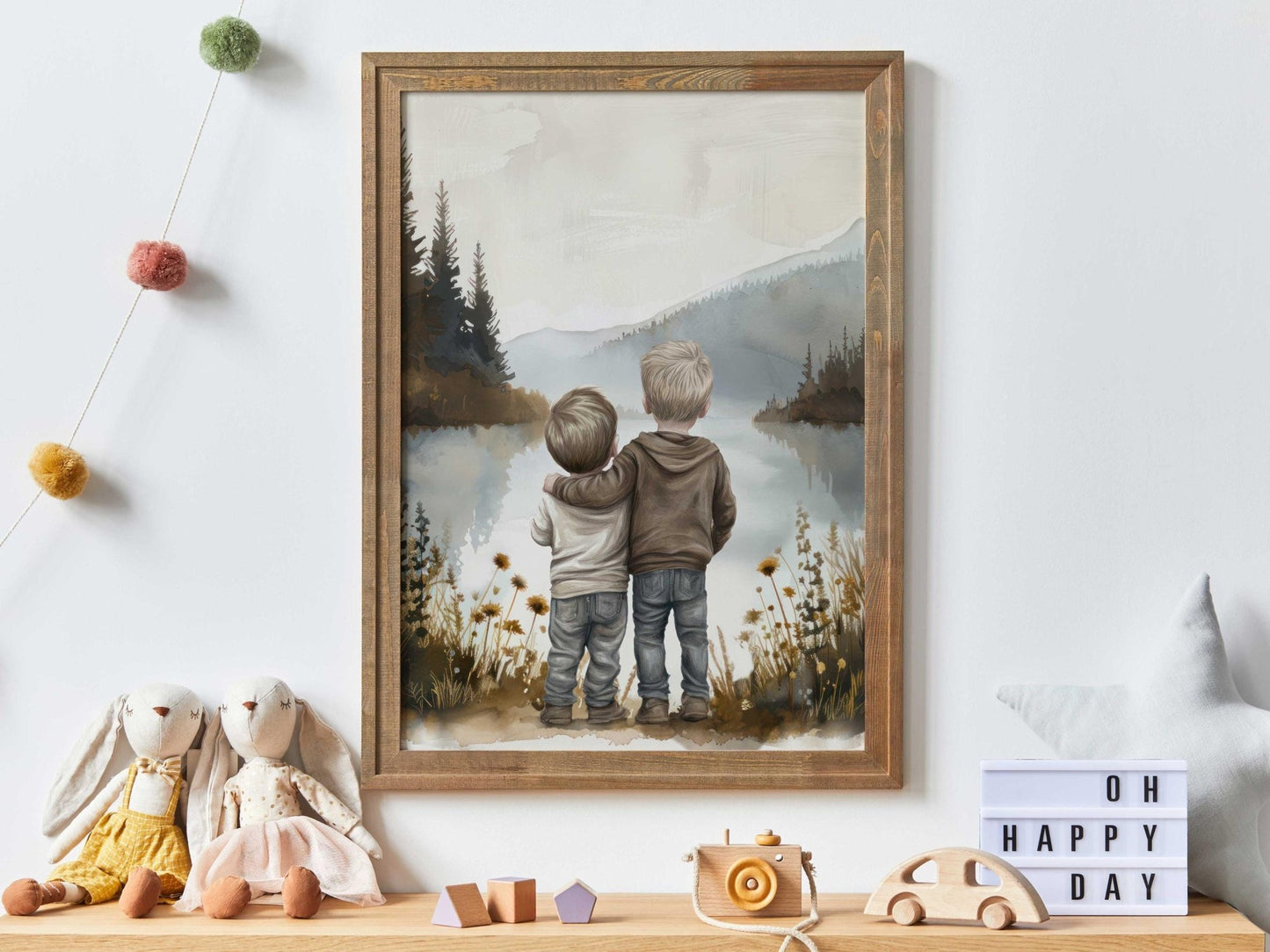 Brother Wall Art, Boys by Lake Decor, Two Brothers Painting - WildfieldPrints
