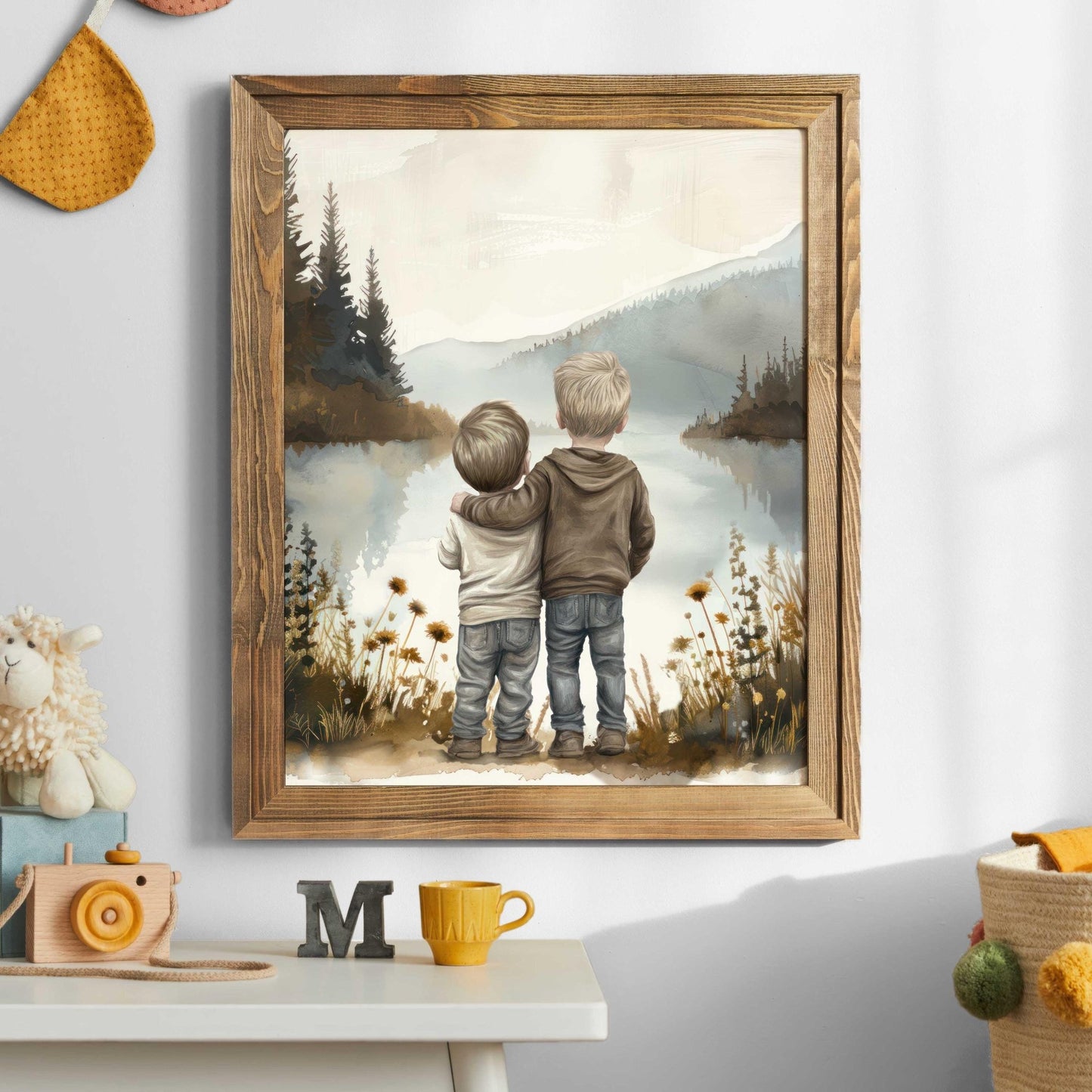 Brother Wall Art, Boys by Lake Decor, Two Brothers Painting - WildfieldPrints