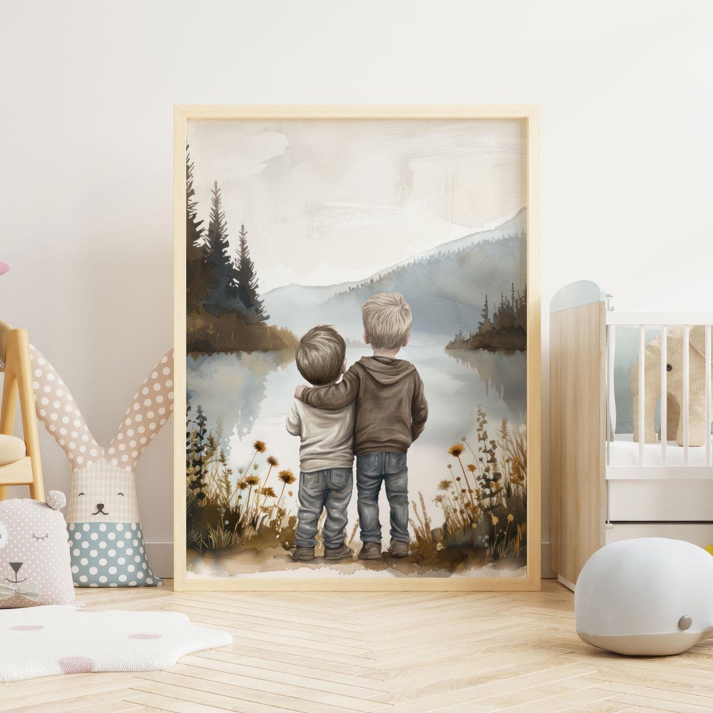 Brother Wall Art, Boys by Lake Decor, Two Brothers Painting - WildfieldPrints
