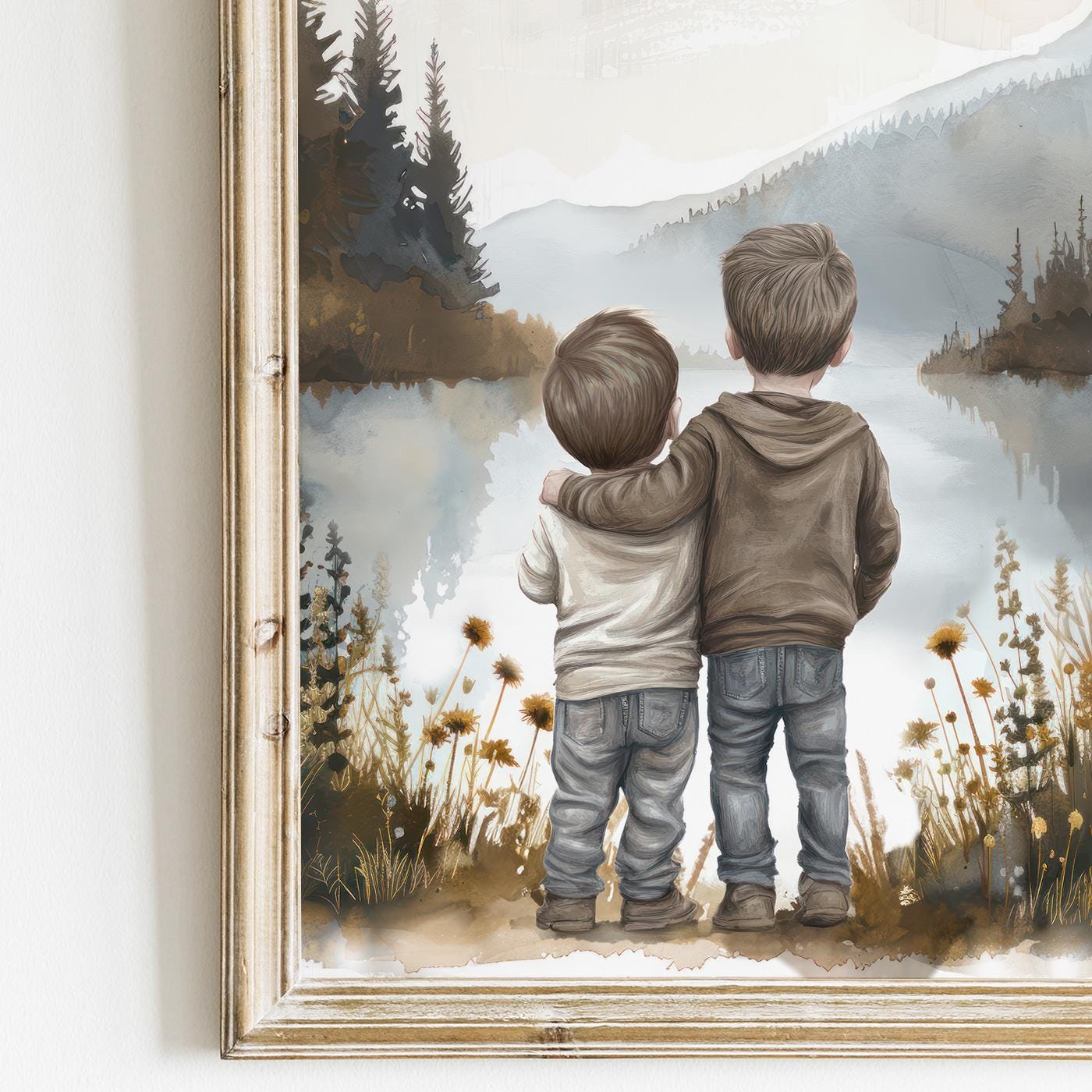 Brother Wall Art, Brothers by a Lake, Charming Room Decor - WildfieldPrints