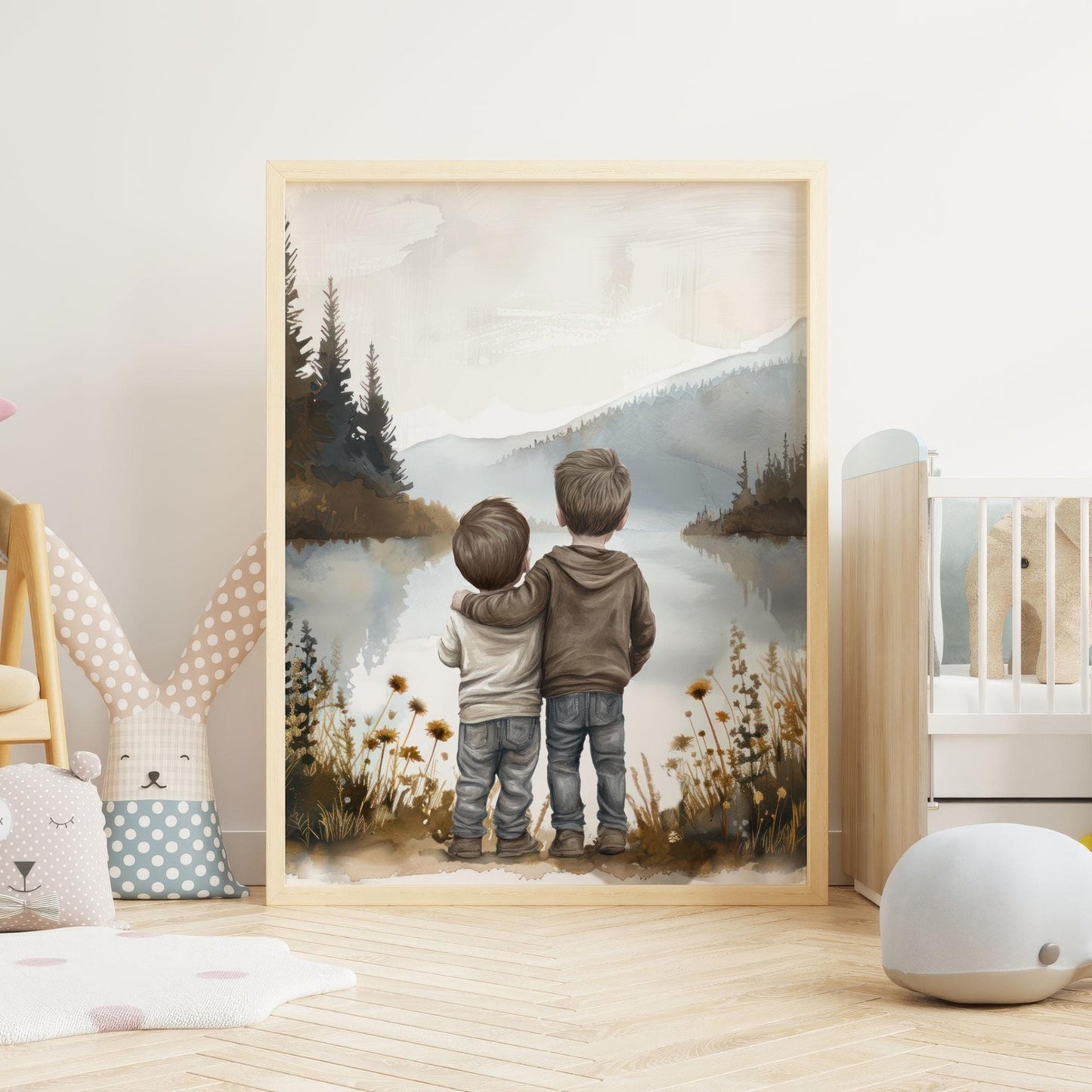 Brother Wall Art, Brothers by a Lake, Charming Room Decor - WildfieldPrints