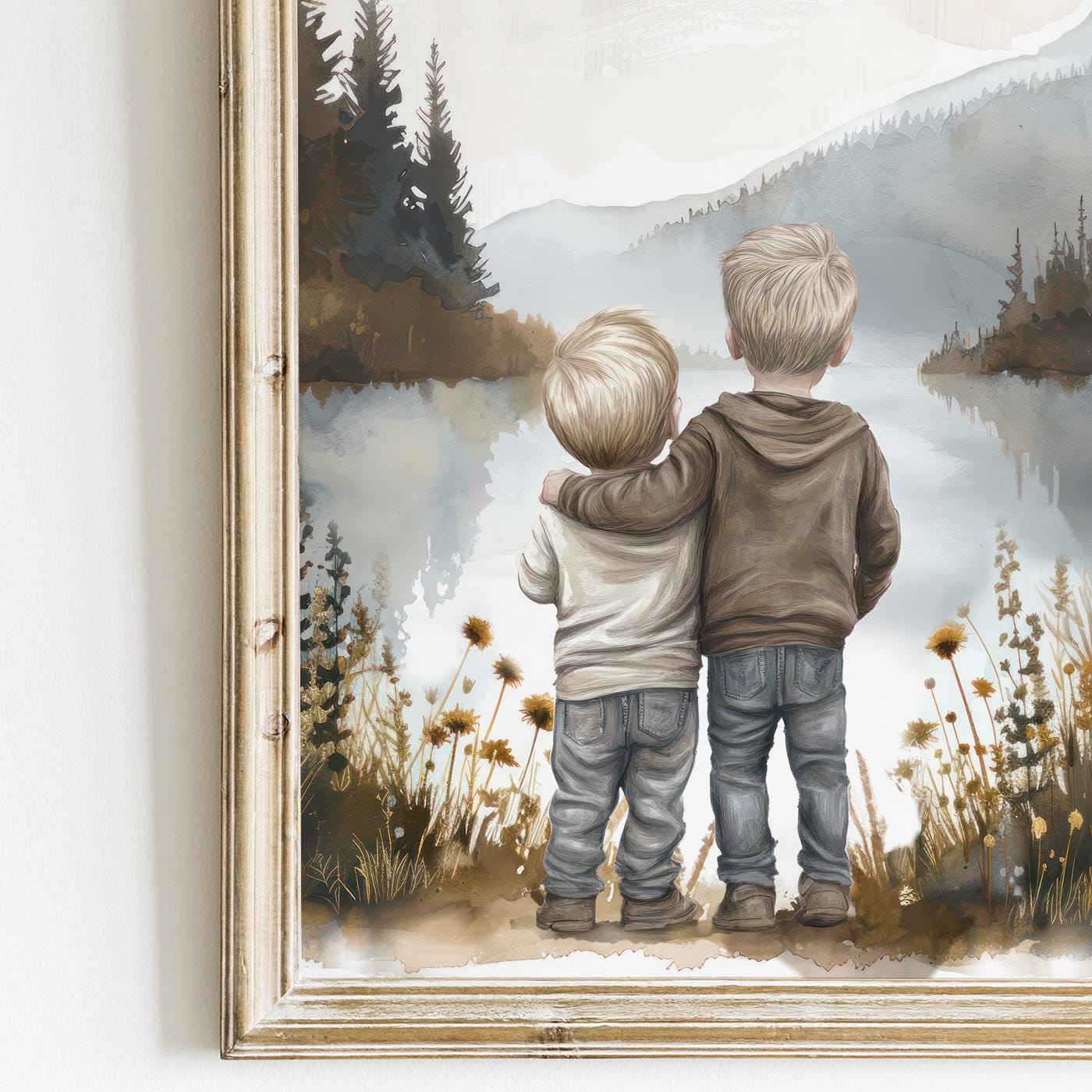 Brother Wall Art, Brothers by a Lake, Charming Room Decor - WildfieldPrints