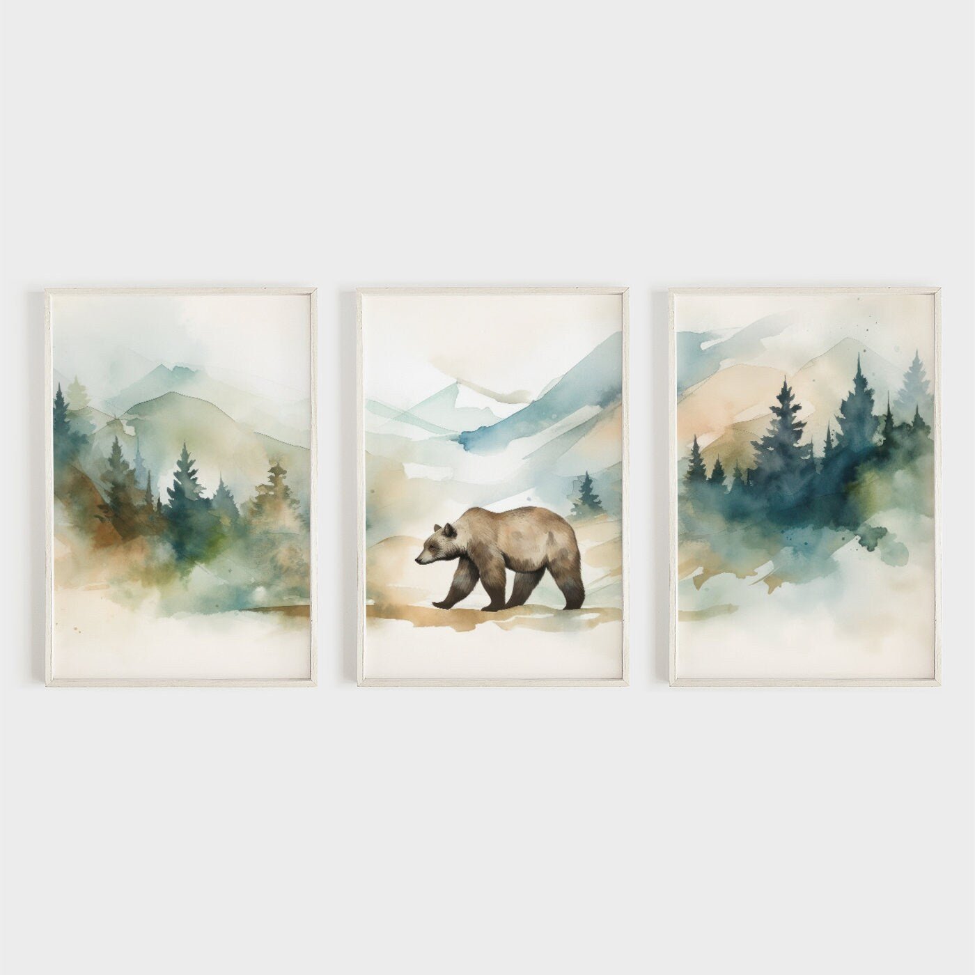 Brown Bear Wall Art, Forest & Mountain Landscape, Nursery Decor, Watercolor - WildfieldPrints