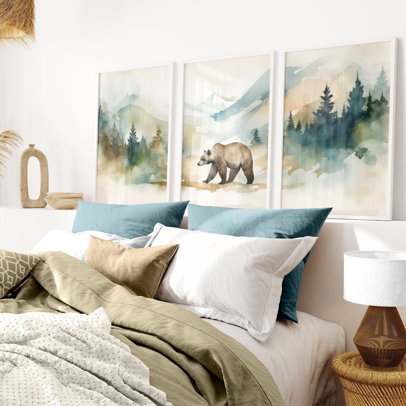 Brown Bear Wall Art, Forest & Mountain Landscape, Nursery Decor, Watercolor - WildfieldPrints