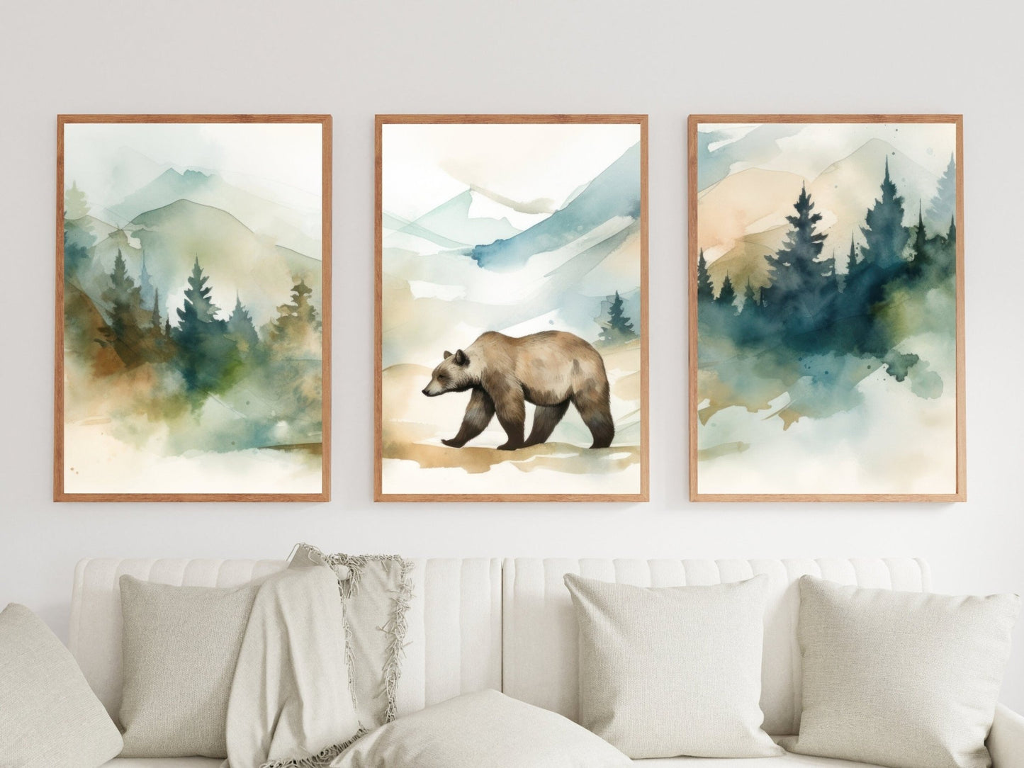 Brown Bear Wall Art, Forest & Mountain Landscape, Nursery Decor, Watercolor - WildfieldPrints