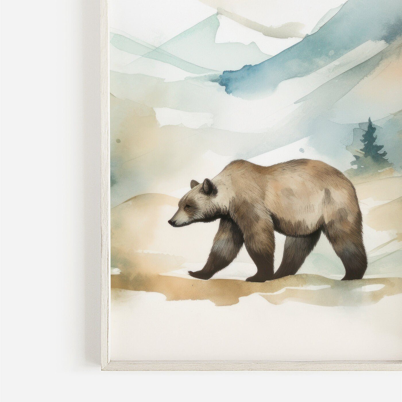 Brown Bear Wall Art, Forest & Mountain Landscape, Nursery Decor, Watercolor - WildfieldPrints