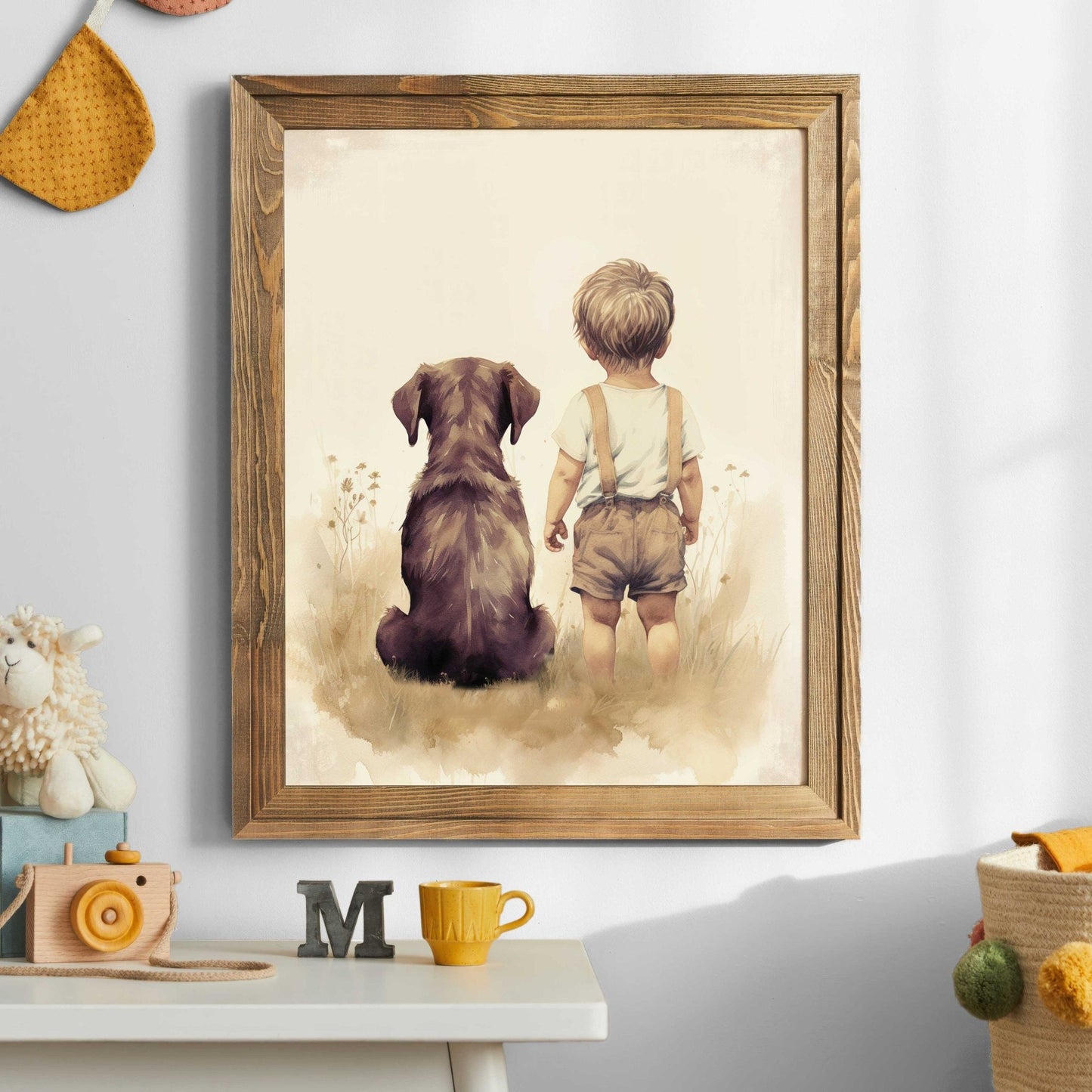 Brown Labrador Nursery Print, Boy & Dog Painting, Puppy Room Decor - WildfieldPrints