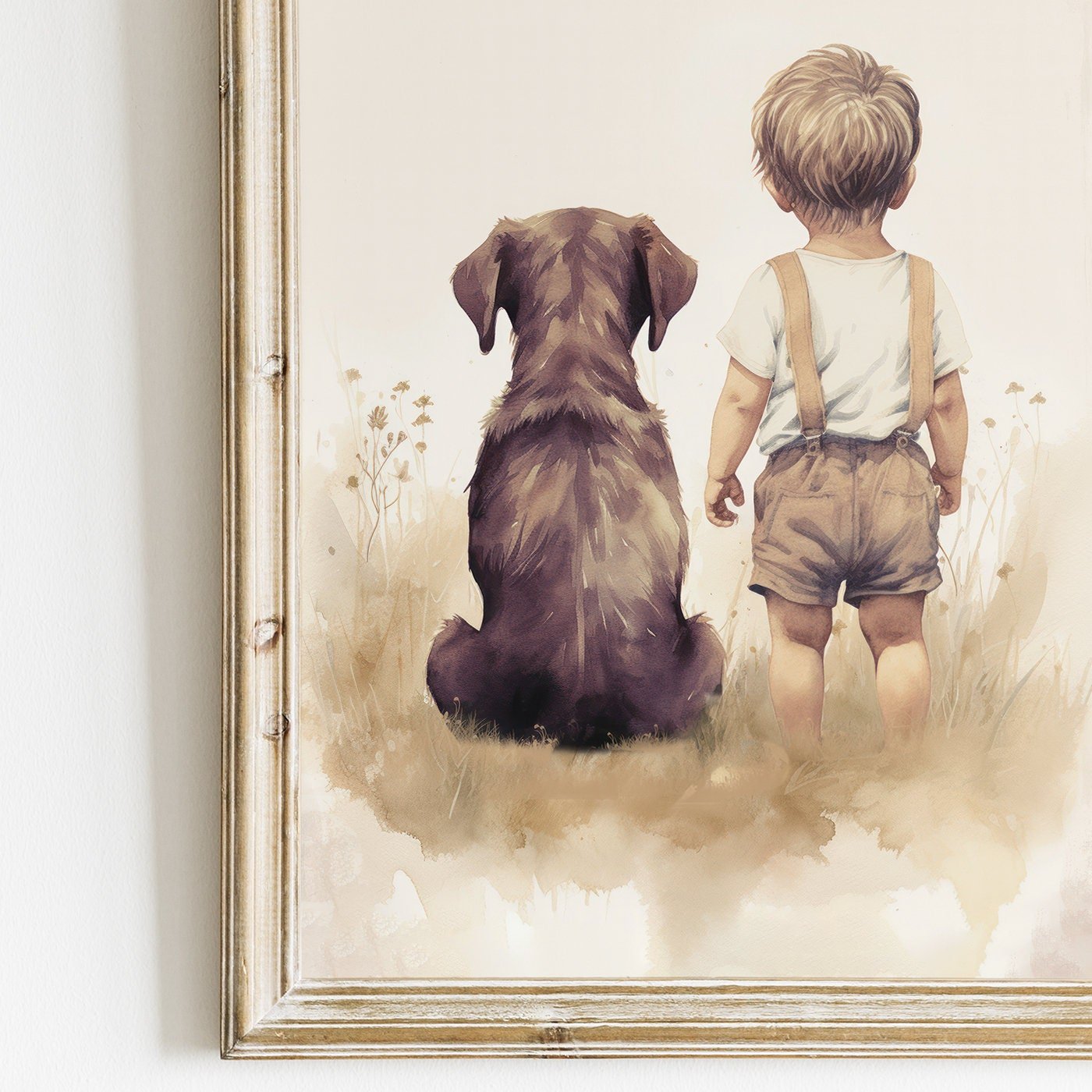 Brown Labrador Nursery Print, Boy & Dog Painting, Puppy Room Decor - WildfieldPrints