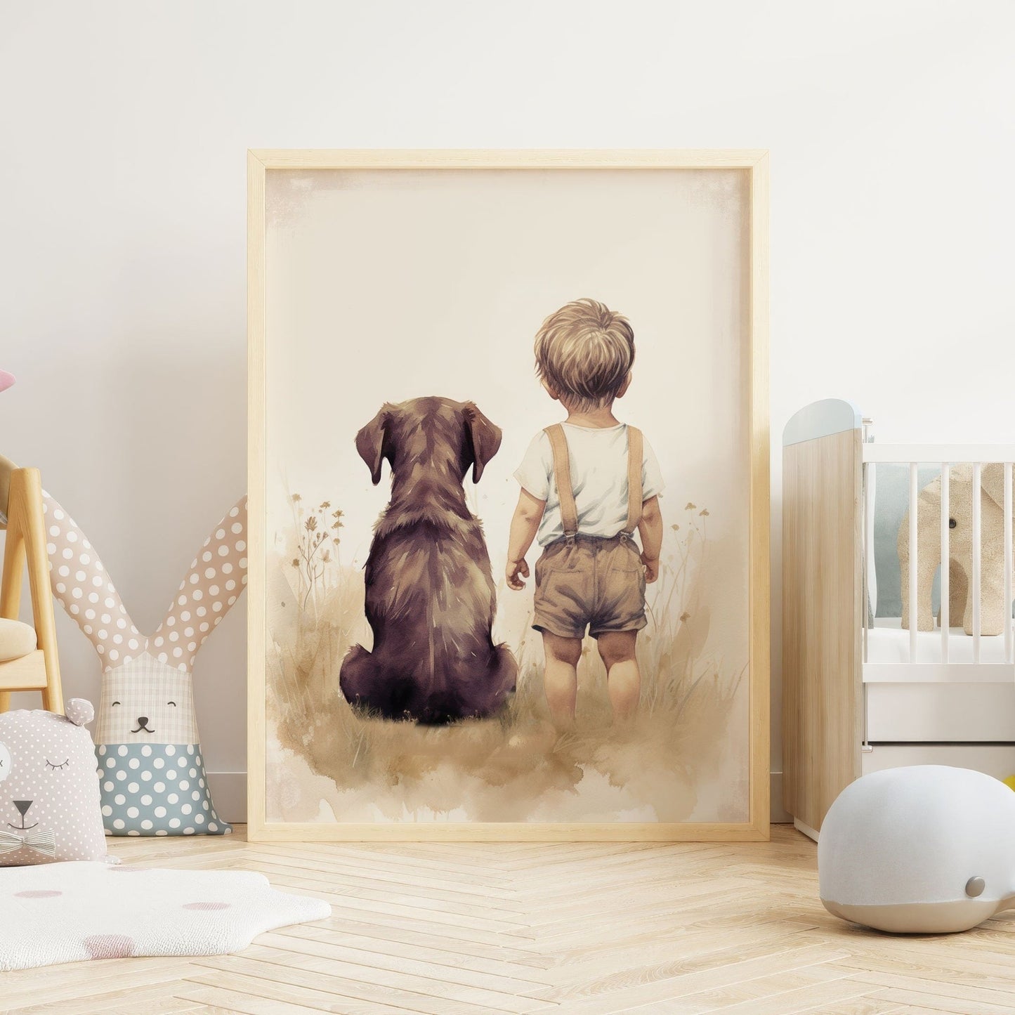 Brown Labrador Nursery Print, Boy & Dog Painting, Puppy Room Decor - WildfieldPrints