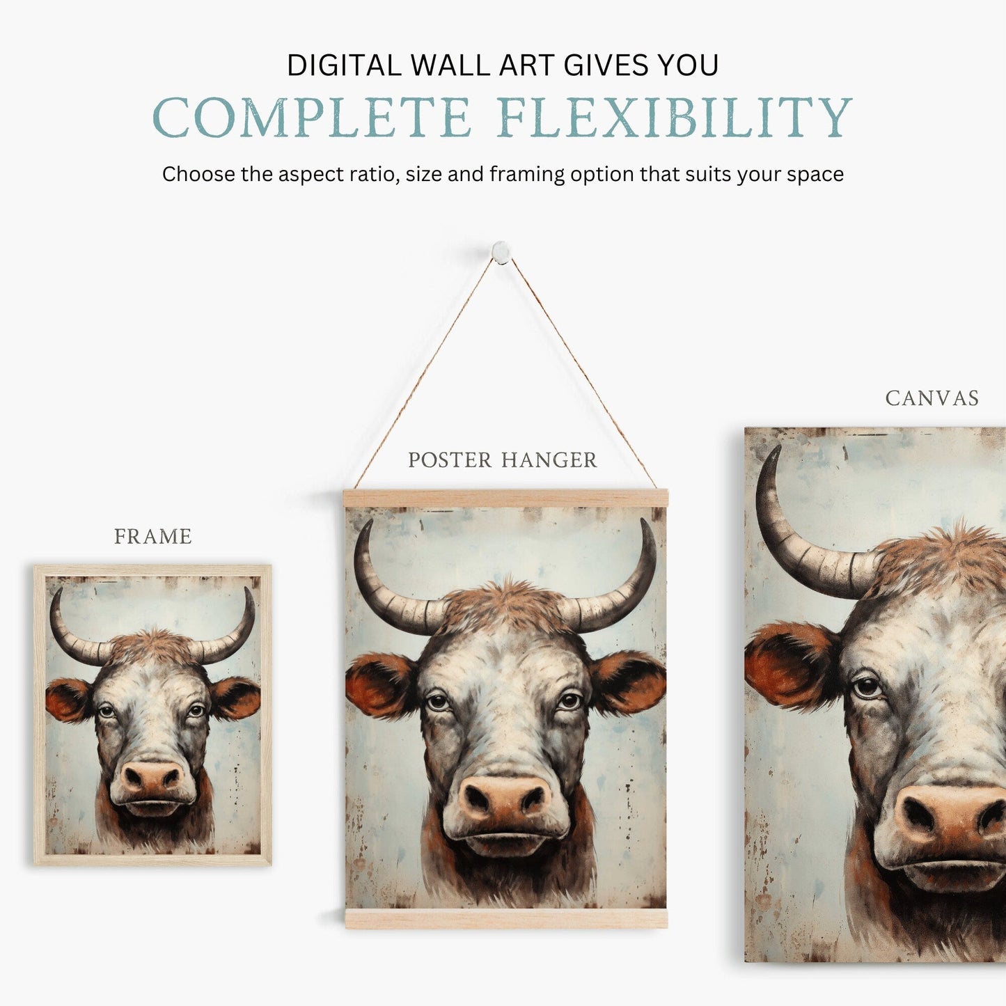 Bull Wall Art, Rustic Farmhouse Decor, Country Animal Print - WildfieldPrints