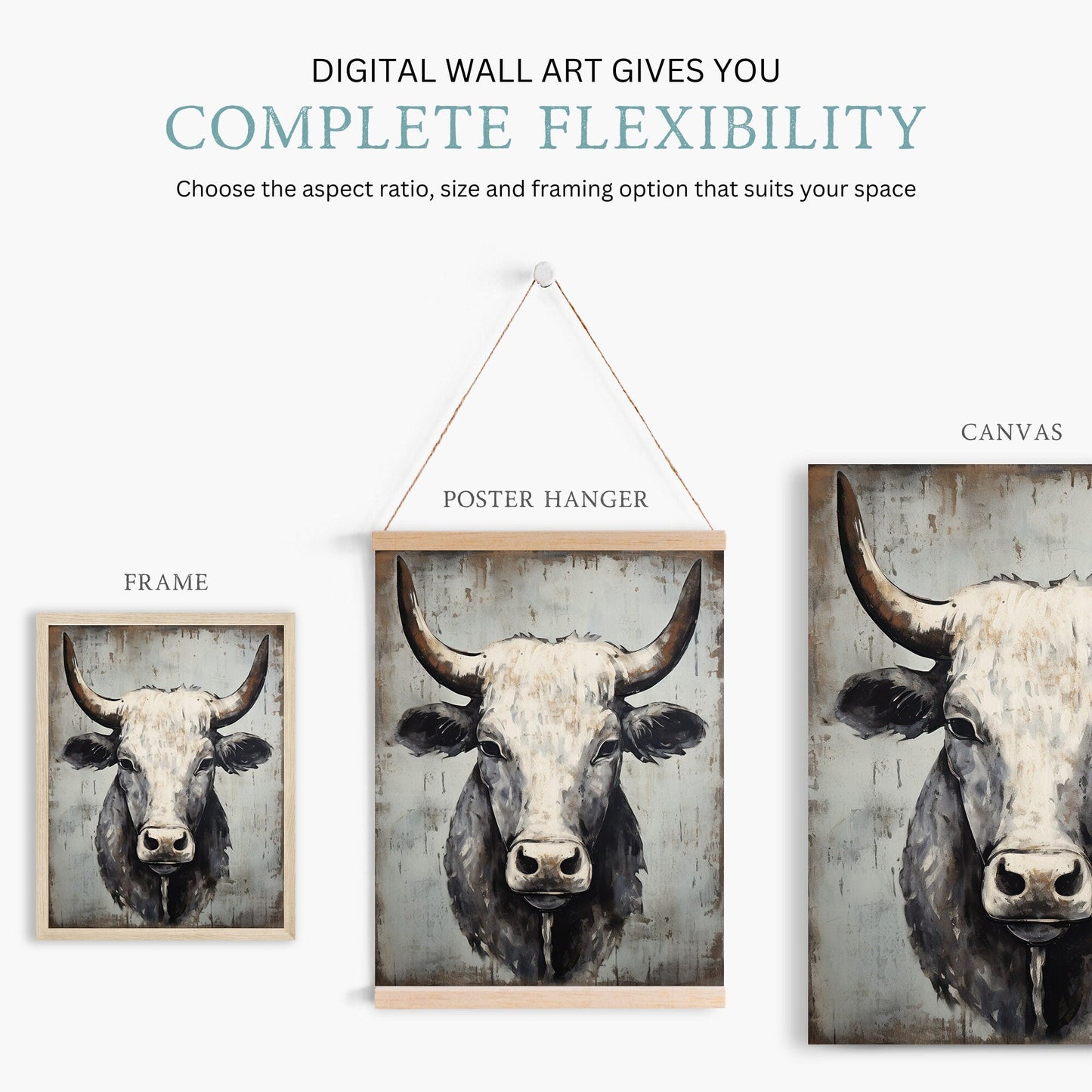 Bull Wall Art, Rustic Farmhouse Decor, Country Animal Print - WildfieldPrints