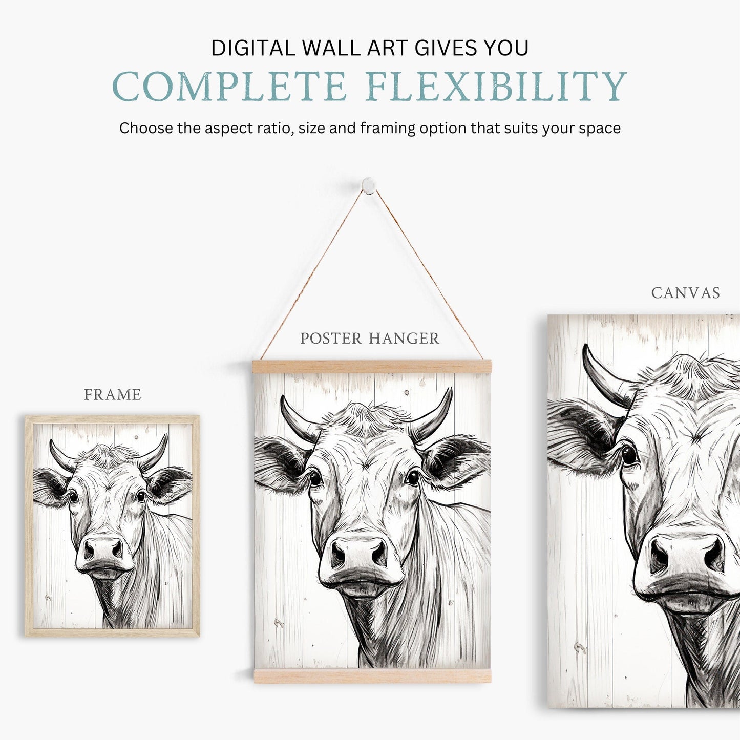 Bull Wall Art, Rustic Farmhouse Decor, One Line Drawing - WildfieldPrints
