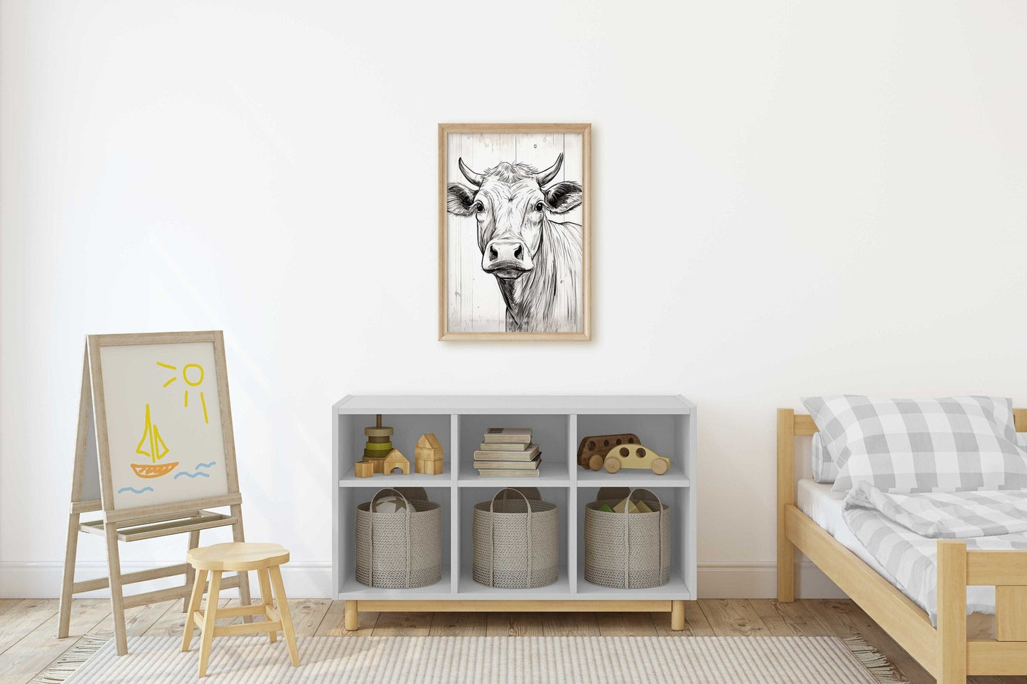 Bull Wall Art, Rustic Farmhouse Decor, One Line Drawing - WildfieldPrints