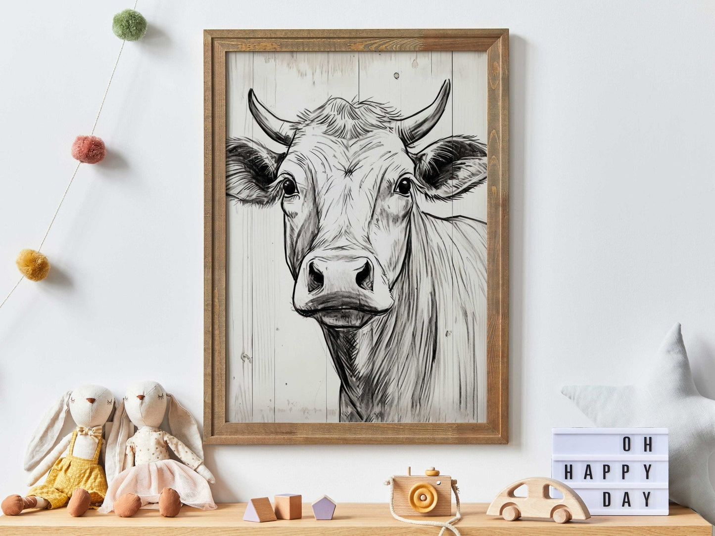 Bull Wall Art, Rustic Farmhouse Decor, One Line Drawing - WildfieldPrints