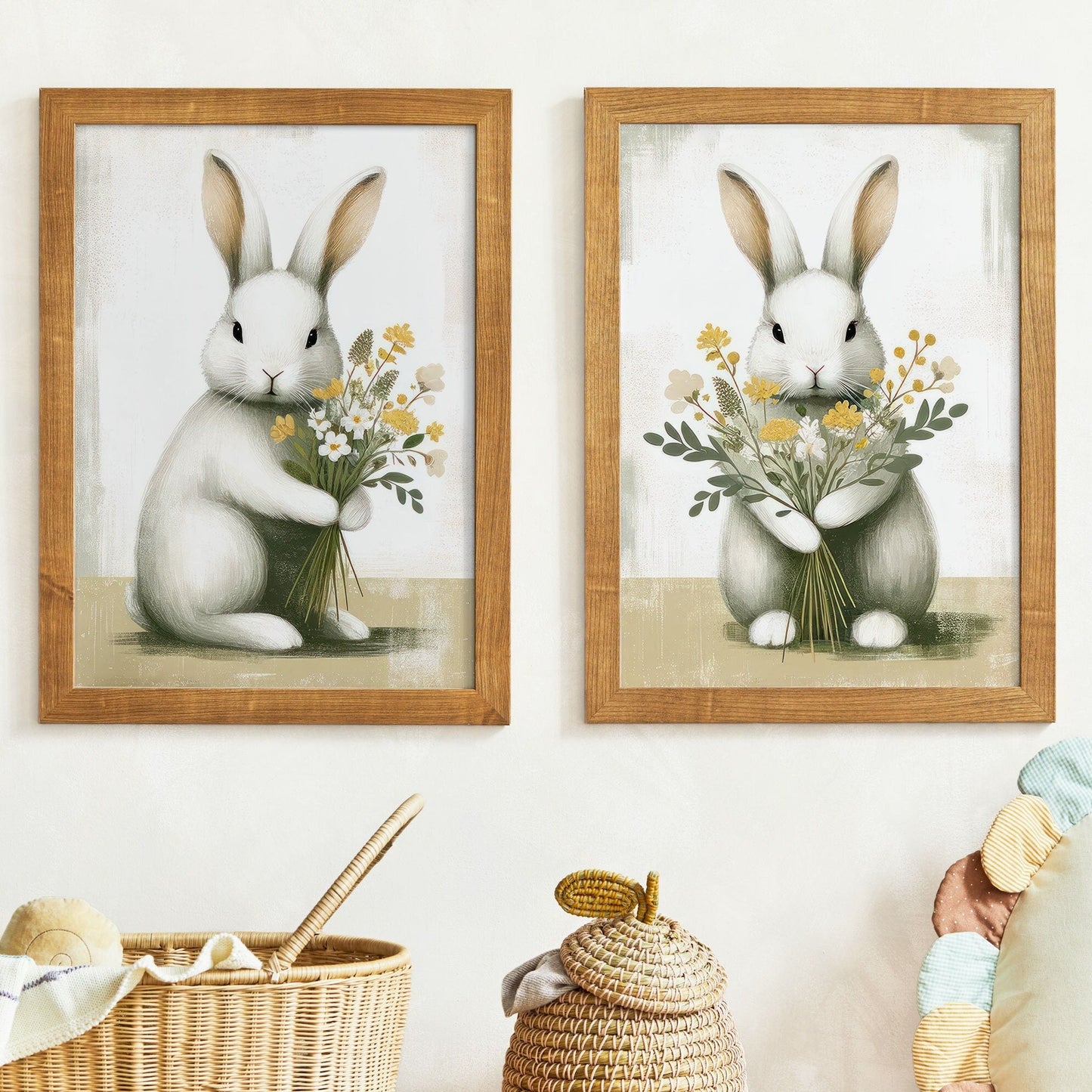 Bunnies and Flowers, Bunny Nursery Prints, Farmhouse Decor - WildfieldPrints