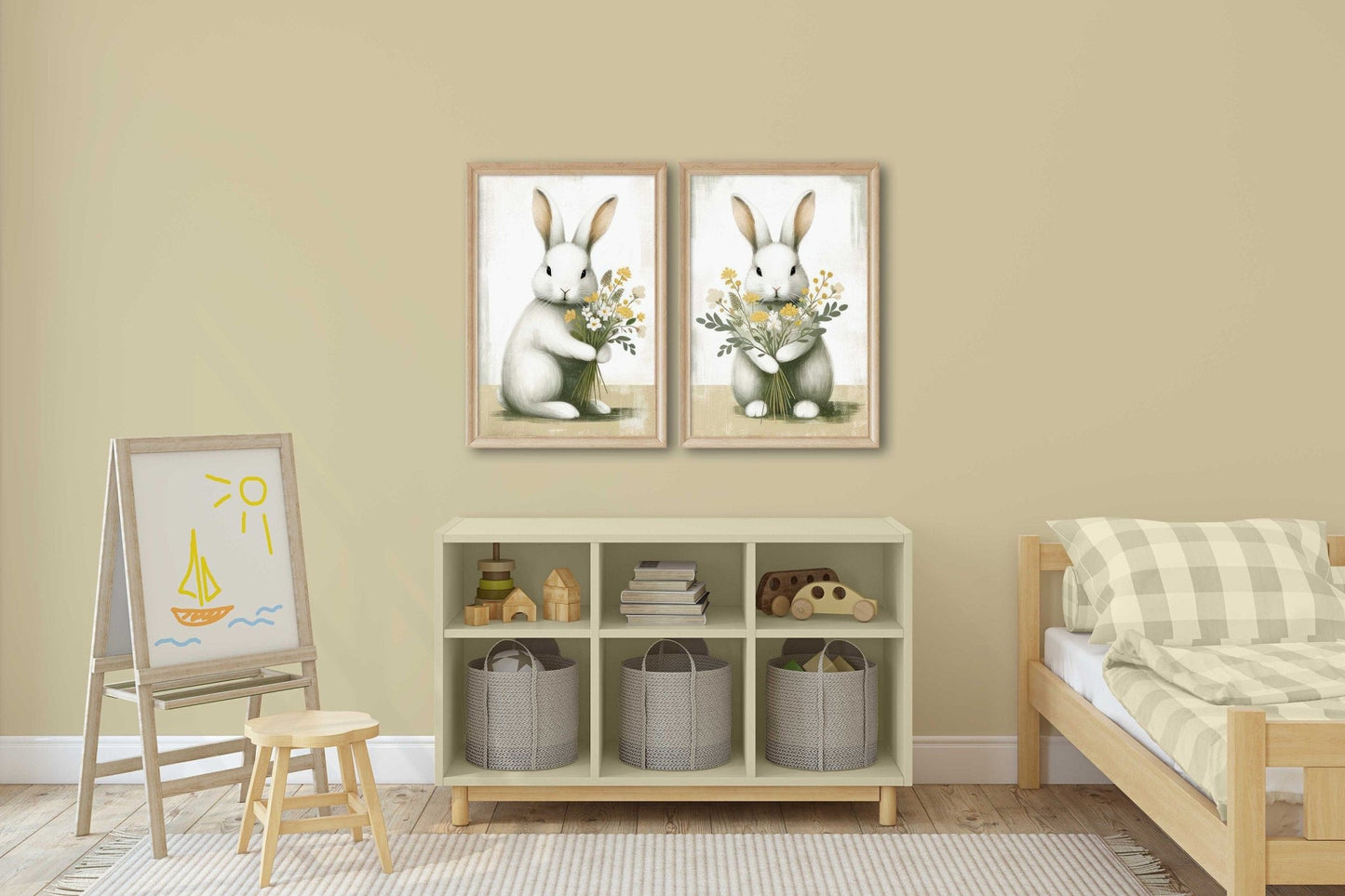 Bunnies and Flowers, Bunny Nursery Prints, Farmhouse Decor - WildfieldPrints