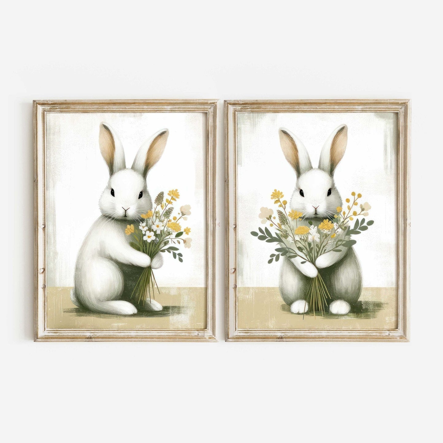 Bunnies and Flowers, Bunny Nursery Prints, Farmhouse Decor - WildfieldPrints