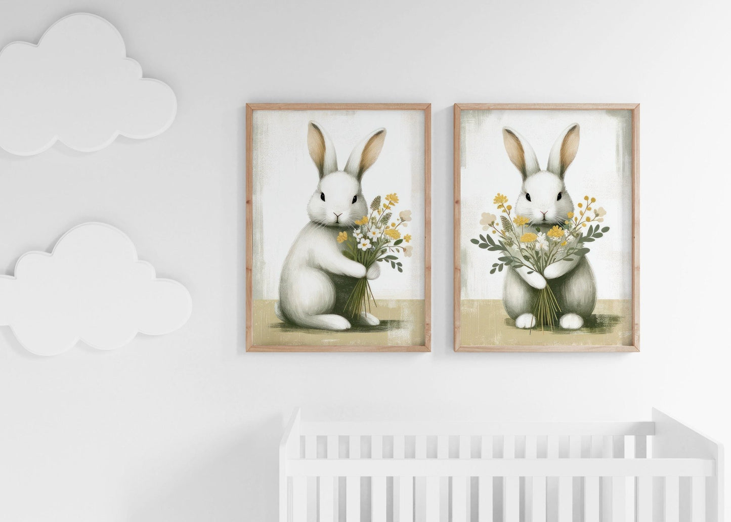 Bunnies and Flowers, Bunny Nursery Prints, Farmhouse Decor - WildfieldPrints