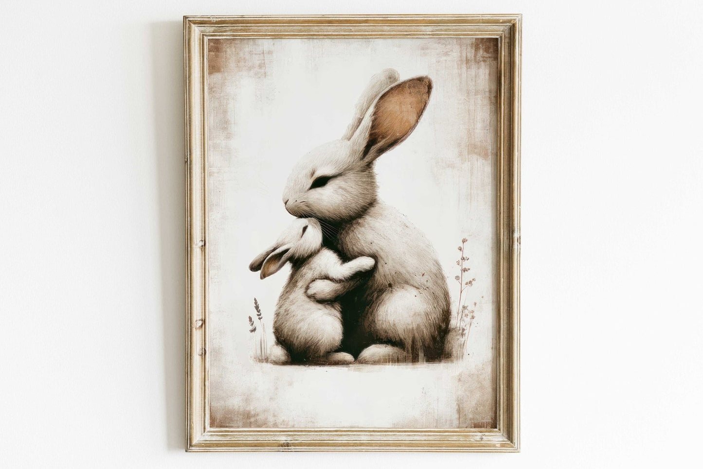 Bunny Art Print, Mother & Baby in Muted Tones, Cozy Nursery Decor - WildfieldPrints