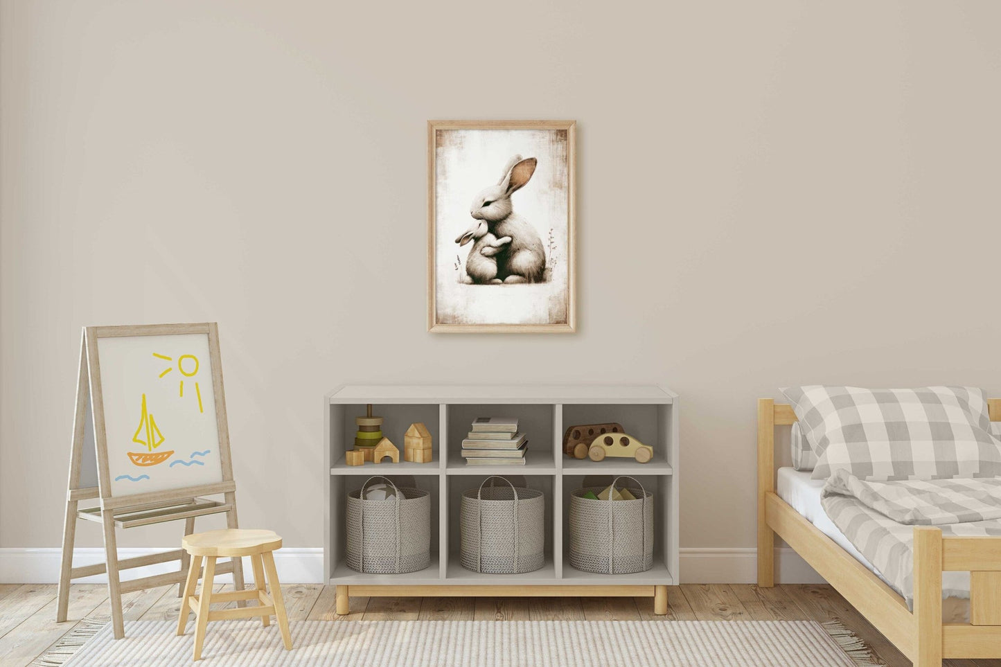 Bunny Art Print, Mother & Baby in Muted Tones, Cozy Nursery Decor - WildfieldPrints