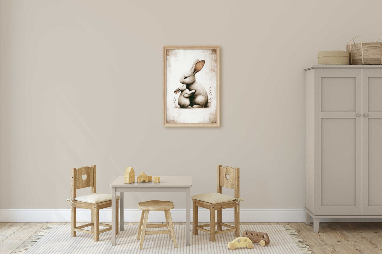 Bunny Art Print, Mother & Baby in Muted Tones, Cozy Nursery Decor - WildfieldPrints