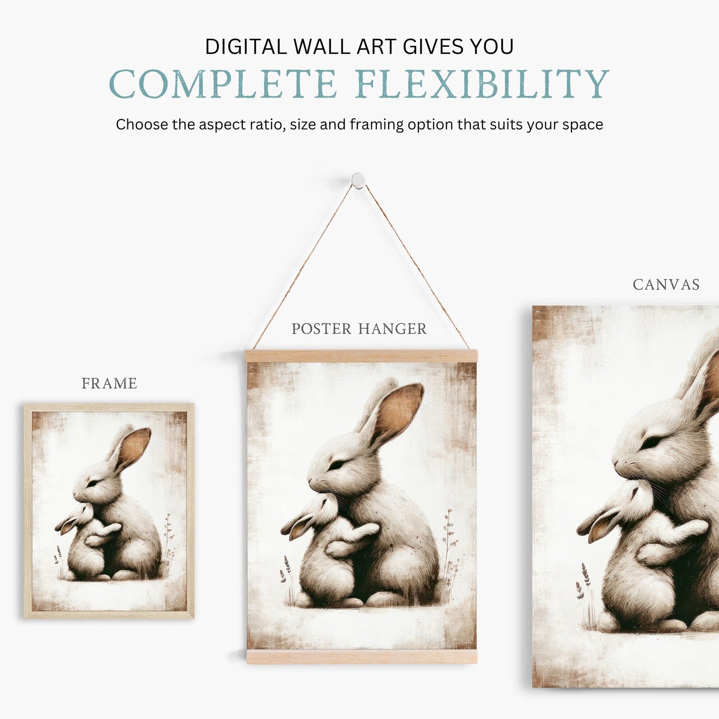 Bunny Art Print, Mother & Baby in Muted Tones, Cozy Nursery Decor - WildfieldPrints