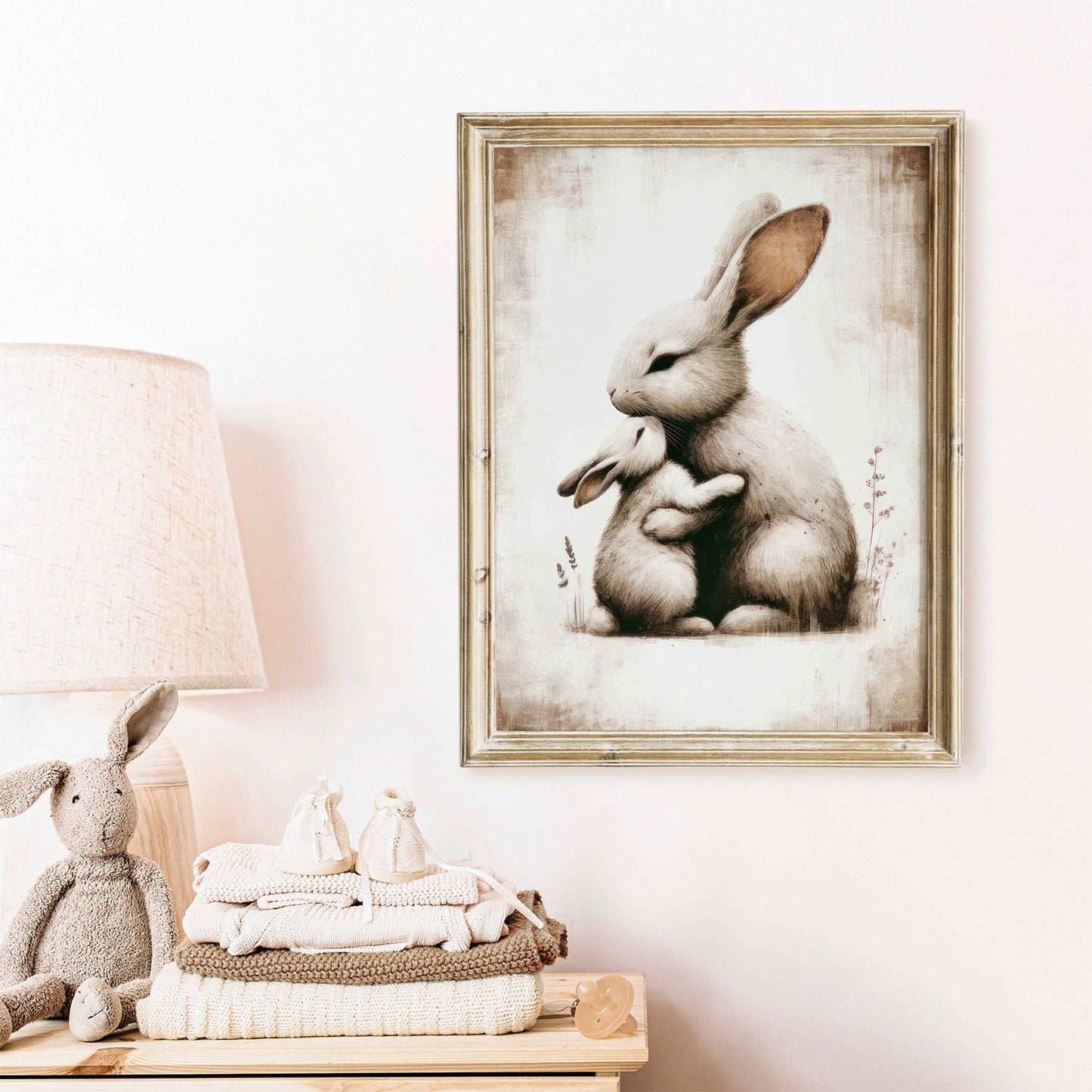 Bunny Art Print, Mother & Baby in Muted Tones, Cozy Nursery Decor - WildfieldPrints