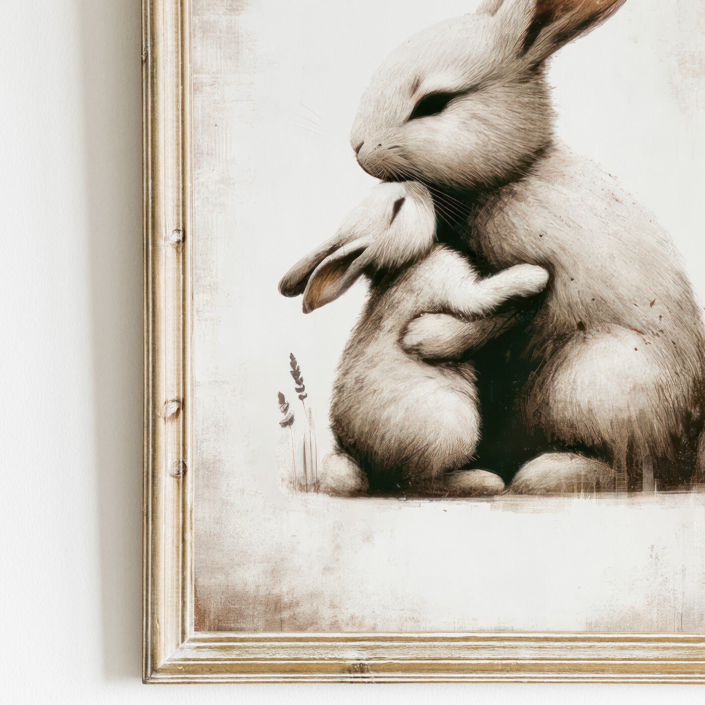 Bunny Art Print, Mother & Baby in Muted Tones, Cozy Nursery Decor - WildfieldPrints