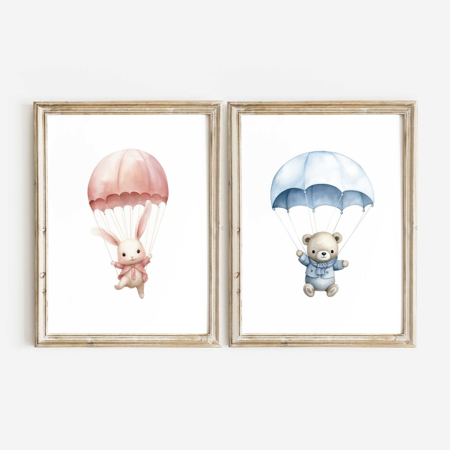 Bunny & Bear Nursery Prints, Pink Blue Hot Air Balloon Decor, Wall Art - WildfieldPrints