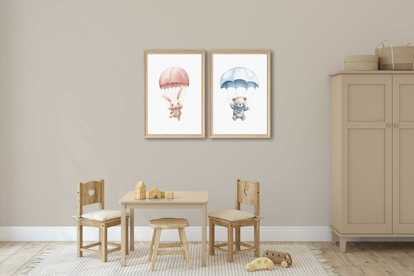 Bunny & Bear Nursery Prints, Pink Blue Hot Air Balloon Decor, Wall Art - WildfieldPrints